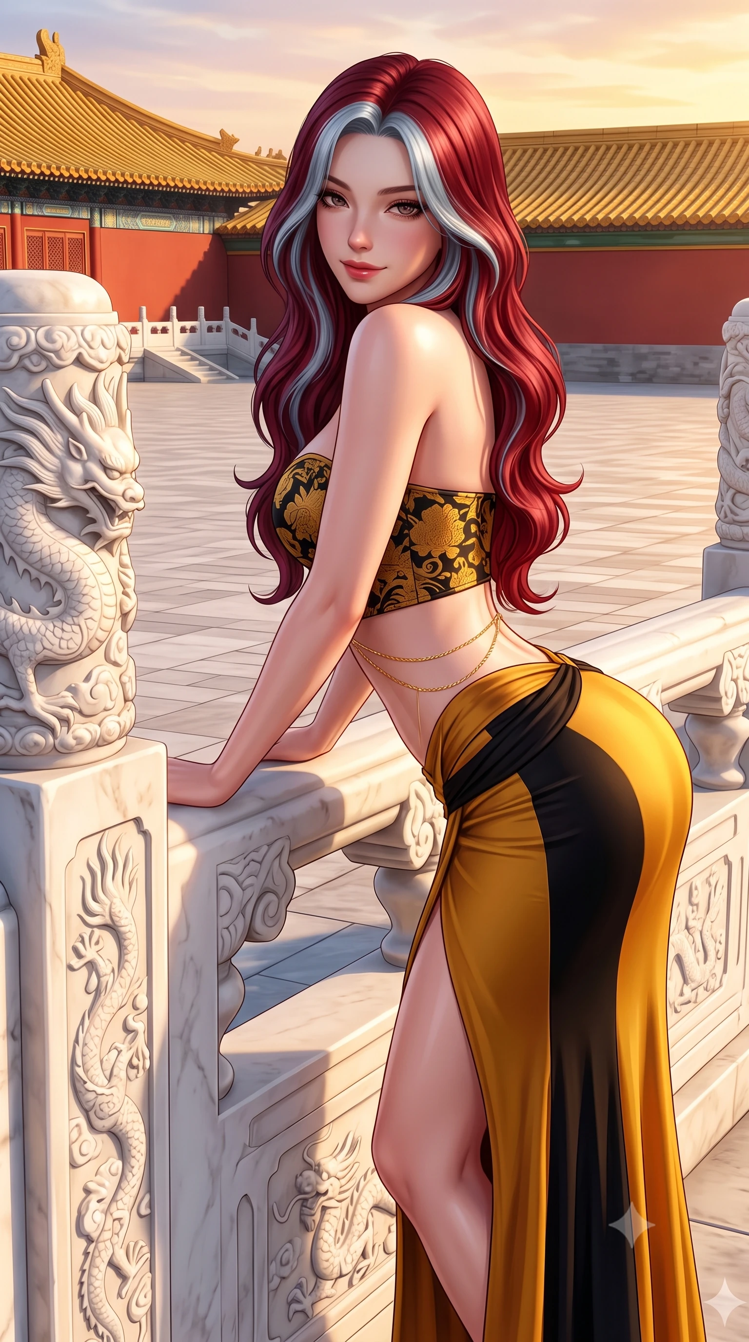 score_9, masterpiece, best quality, ultra-detailed, high-budget anime keyframe, semi-realistic 3D game render, editorial fashion photography, tasteful artistic composition, Caucasian woman. close-up cowboy shot from the waist and thighs up, the character dominates the composition, filling the frame with her large presence. leaning forward over the carved veranda balustrade while arching her lower back to accentuate her curvy hips, looking into the camera with an enchanting coquettish smile and bedroom-eyes while leaning against a carved white marble dragon balustrade with hips cocked back, looking over a bare shoulder with an intoxicating, imperial gaze. The surrounding environment is rendered in vivid detail and crisp panoramic clarity: sharp carved white marble dragon relief textures, yellow glazed tile bevels, and red palace wall paint in deep focus. She has an exceptionally elegant, slender, and willowy female figure with an ultra-slim waist, flat toned midriff, narrow ribcage, and sculpted feminine hips creating an alluring, slim hourglass silhouette without bulk. sharp v-shaped jawline, high-bridge nose, intricate jewel-like dark sparkling almond eyes with depth, thick lashes, glossy parted lips with a natural rose-plum sheen, bright alluring and coquettish smile with bedroom-eyes, exuding both timeless oriental elegance and sovereign high-fashion allure, flawlessly proportioned anatomical accuracy, strict slender model proportions, natural body alignment, perfectly sculpted long slender limbs, ultra-slim waistline, clean dynamic posture without body distortion. wearing a sweetheart-neckline oriental jacquard bustier top paired with a curve-hugging high-slit mermaid maxi skirt in antique saffron gold and ebony black, made of supple second-skin stretch silk jersey clinging flawlessly to her form, accented with a delicate gold body chain draping loosely across her flat midriff, the high-waisted wrap tailoring accentuating her ultra-slim waistline and the enchanting curve of her feminine hips with alluring oriental charm. bathed in dramatic twilight golden hour light streaming horizontally across the vast marble plaza. highly saturated vibrant anime colors, detailed shading with soft gradients, rich glossy textures, high-contrast stereoscopic depth, volumetric dynamic lighting, master piece, 9:16 ratio
