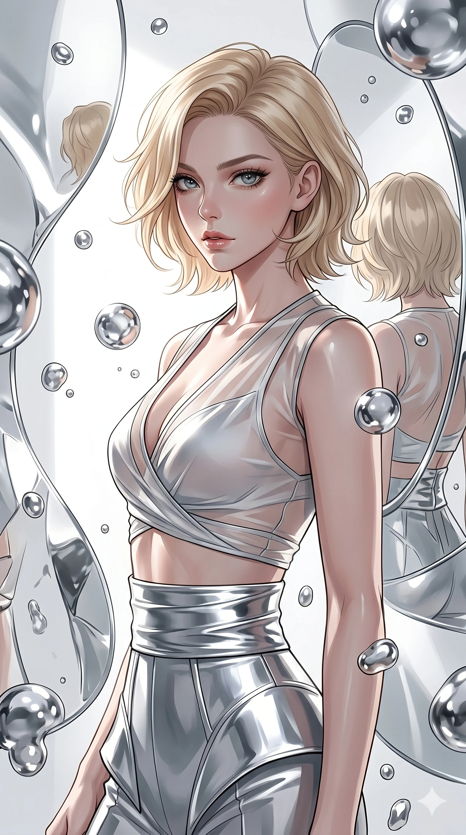 score_9, masterpiece, best quality, ultra-detailed, high-budget anime keyframe, editorial fashion photography, tasteful artistic composition, Caucasian woman, strictly human ears. Upper body close-up from the thighs up, character filling the screen for maximum presence. She is surrounded by floating mercury droplets and curved abstract mirrors that warp space. She strikes a striking fashion pose, looking over her shoulder with glossy, natural lips. She has an absolutely perfect 8-heads proportion, an exceptionally tall and slender female figure with impossibly long slender legs and an ultra-slim waist. V-shaped jawline, high-bridge nose, intricate jewel-like eyes with depth, thick eyelashes, glossy lips with a natural sheen. She is wearing a shortened cyber-fusion wrap top with transparent chiffon panels, a deep crossover neckline, and a high-waisted metallic sash that accentuates her ultra-slim waist. The scene is bathed in highly reflective silver highlights and a stark white side studio light. 2k, ultra detail, master piece, 9:16 ratio