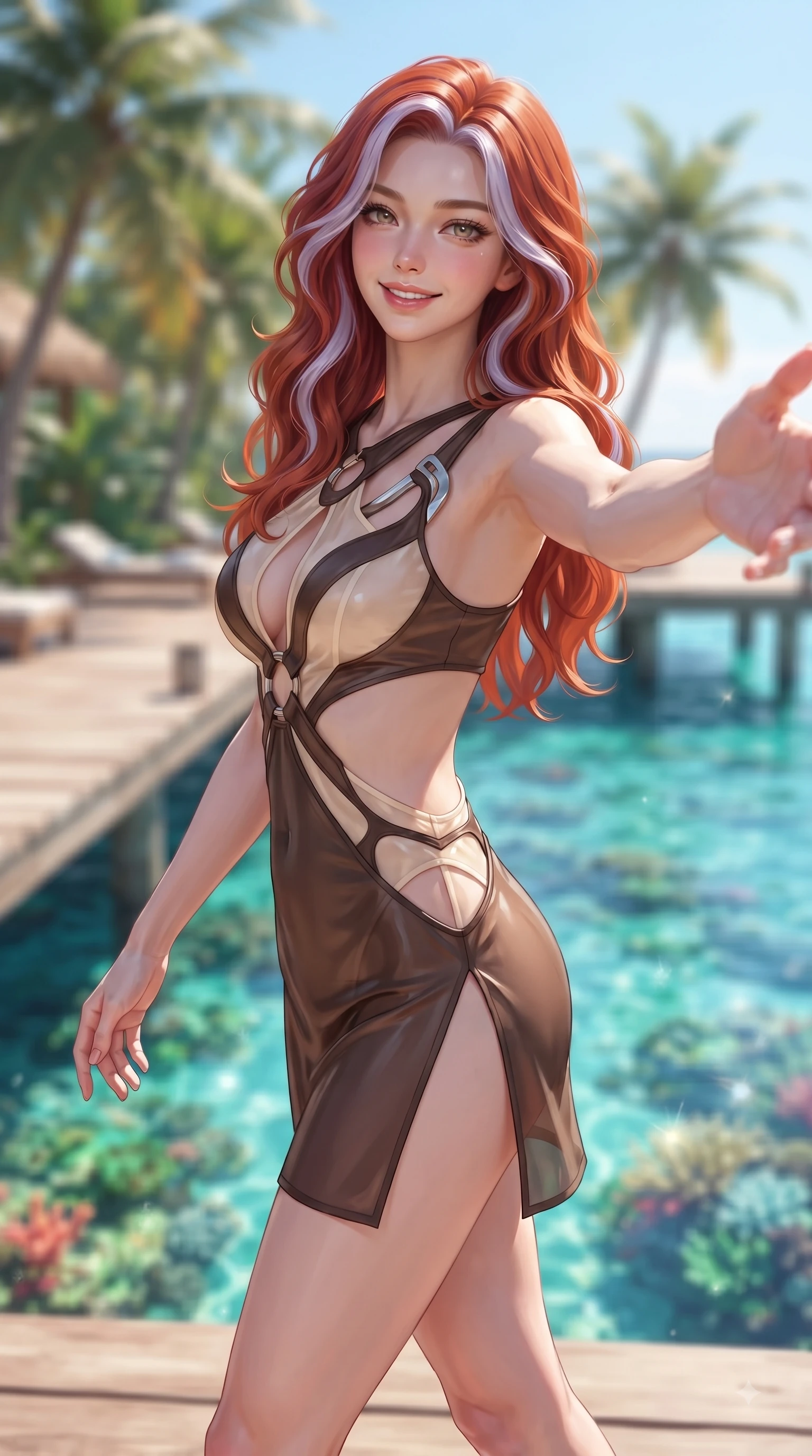 score_9, masterpiece, best quality, ultra-detailed, high-budget anime keyframe, editorial fashion photography, tasteful artistic composition, Caucasian woman. close-up cowboy shot from the waist and thighs up, the character dominates the composition, filling the frame with her large presence, background elements kept in soft focus. Warm delightful smile while casting a playful, joyful side-gaze with heavy lashes and a glowing expression while reaching one arm out cheerfully toward the camera while walking along a palm-shaded pier, crystal-clear turquoise water revealing vibrant coral reefs shimmering beneath bright sunbeams. She has an exceptionally elegant, slender, and willowy female figure with an ultra-slim waist, a gracefully sculpted slender torso, and a refined silhouette. sharp v-shaped jawline, high-bridge nose, intricate jewel-like eyes with depth, thick eyelashes, glossy lips with a natural sheen, flawlessly proportioned anatomical accuracy, natural body alignment, perfectly sculpted elegant limbs, clean dynamic posture without body distortion. wearing a dramatic open-waist cutout mini dress framed by sculptural hardware in espresso brown and warm cream, woven from fine semi-opaque sheer organza, finished with a sleek side slit ascending to mid-thigh, the form-contouring material highlighting her ultra-slim waist and long lines. surrounded by a bright, pristine beach ambiance with cheerful specular highlights. ultra-reflective glossy finish, specular highlights, metallic sheen, high-contrast stereoscopic depth, volumetric dynamic lighting, 2k, ultra detail, master piece, 9:16 ratio