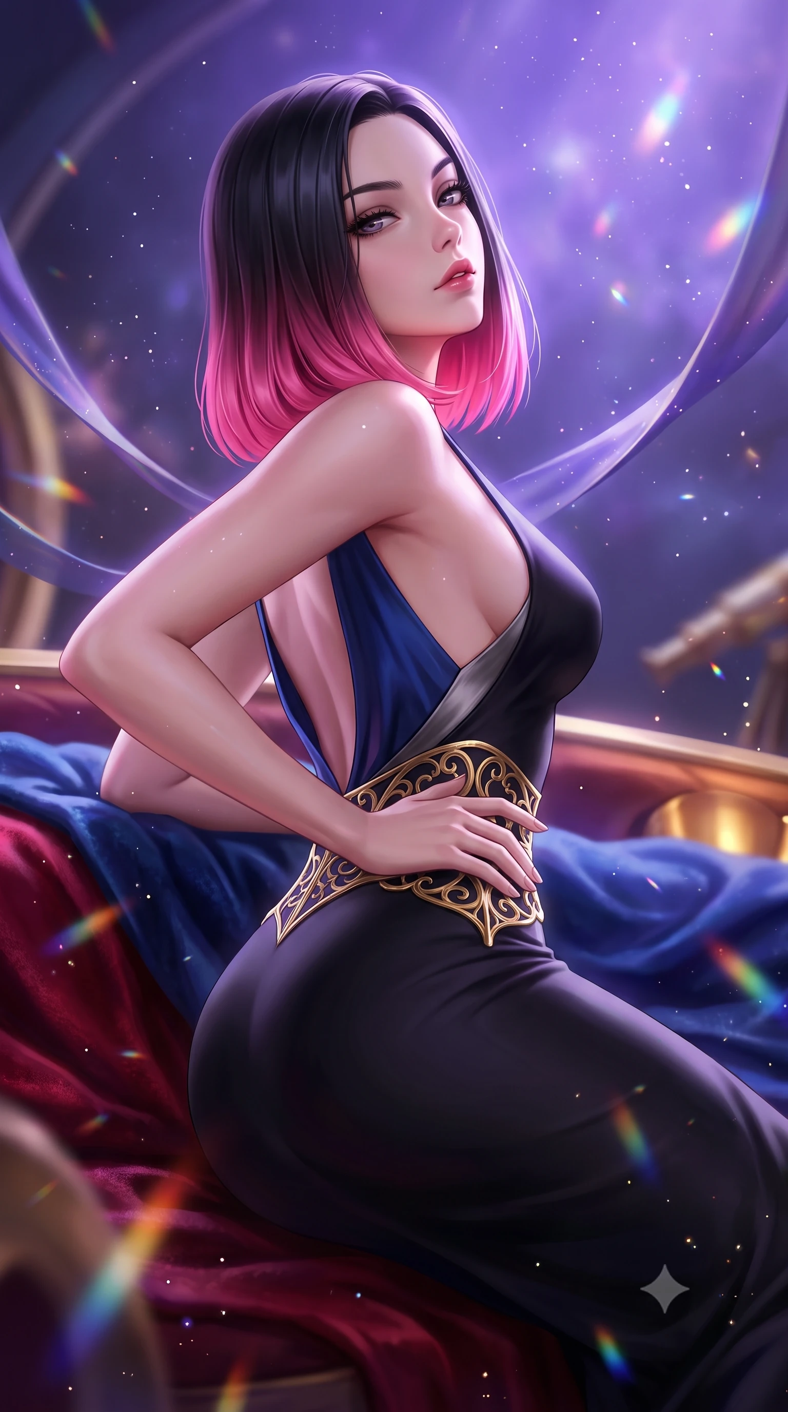 score_9, masterpiece, best quality, ultra-detailed, high-budget anime keyframe, semi-realistic 3D game render, editorial fashion photography, tasteful artistic composition, Korean woman. close-up cowboy shot from the waist and thighs up, the character dominates the composition, filling the frame with her large presence. tilting her chin up with proud, sovereign allure while gazing through thick eyelashes, one hand resting on her waist in pure supermodel charisma while reclining on a velvet-lined observation platform propped on one elbow, looking back over her shoulder with an intoxicating bedroom-gaze. The composition keeps background elements in soft focus with creamy bokeh. floating stardust flecks and prismatic telescope lens refractions scattering ethereal light motes. She has an exceptionally elegant, slender, and willowy female figure with an ultra-slim waist, a gracefully sculpted slender torso, toned flat midriff, and rounded feminine hips creating an alluring hourglass silhouette. sharp v-shaped jawline, high-bridge nose, intricate jewel-like eyes with depth, thick eyelashes, glossy parted lips with a natural sheen, intensely captivating and seductive bedroom-eyes expression, flawlessly proportioned anatomical accuracy, strict slender model proportions, natural body alignment, perfectly sculpted long slender limbs, ultra-slim waistline, clean dynamic posture without body distortion. wearing a sleek obsidian column dress with gold filigree hip cincher and plunging backline in deep sapphire blue and brushed dark platinum, tailored from fluid silk crepe with delicate inner corsetry boning, complemented by floating celestial silk ribbons catching the nebula light, the form-contouring material adhering flawlessly to her sculpted flat midriff and slender torso, emphasizing her long leg lines and perfectly proportioned willowy build. bathed in cool violet nebula glow from above and warm golden brass indicator uplights. highly saturated vibrant anime colors, detailed shading with soft gradients, rich glossy textures, high-contrast stereoscopic depth, volumetric dynamic lighting, master piece, 9:16 ratio