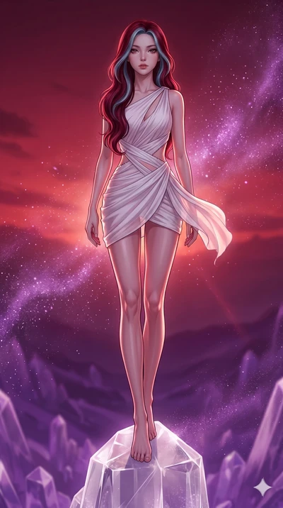 score_9, masterpiece, best quality, ultra-detailed, high-budget anime keyframe, Korean woman. low angle full-body shot filling the entire 9:16 frame with her statuesque presence, stretching the vertical silhouette. standing atop a transparent salt cr