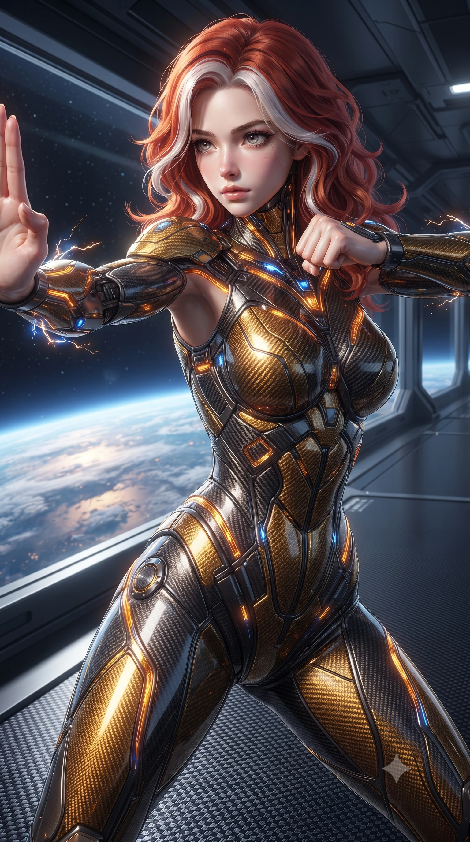 score_9, masterpiece, best quality, ultra-detailed, high-budget anime keyframe, editorial fashion photography, tasteful artistic composition, Caucasian woman. close-up cowboy shot from the waist and thighs up, the character dominates the composition, filling the frame with her large presence. twisting her upper body in a dynamic S-curve martial arts stance, cybernetic elbow dampers emitting subtle electric sparks as she aims a focused palm strike while stretching her slender torso in an alluring S-curve on the carbon walkway with the curved horizon of Earth glowing below. The surrounding environment is rendered in vivid detail and crisp panoramic clarity. sharp carbon-fiber gantry floor texture, space elevator cable weave, and planetary cloud swirls in deep focus. She has an exceptionally elegant, slender, and willowy female figure with an ultra-slim waist, a gracefully sculpted slender torso, toned flat midriff, and a refined slim silhouette. sharp v-shaped jawline, high-bridge nose, intricate jewel-like eyes with depth, thick eyelashes, glossy lips with a natural sheen, flawlessly proportioned anatomical accuracy, strict slender model proportions, natural body alignment, perfectly sculpted long slender limbs, ultra-slim waistline, clean dynamic posture without body distortion. wearing a sculpted molten-gold and dark carbon cuirass paired with high-mobility combat leggings and kinetic energy channels in molten amber-gold carbon cuirass with dark titanium weave, crafted from ultra-strong woven carbon-fiber composite with a satin luster, accented with glowing fiber-optic conduits tracing her collarbones and hip curves, the sleek second-skin cut tightly hugging her graceful clavicle, narrow waist, and feminine curves with athletic precision. surrounded by an elevated, supreme, and radiantly commanding aerospace martial goddess aura. ultra-reflective glossy finish, specular highlights, dark metallic sheen, high-contrast stereoscopic depth, volumetric dynamic lighting, 2k, ultra detail, master piece, 9:16 ratio