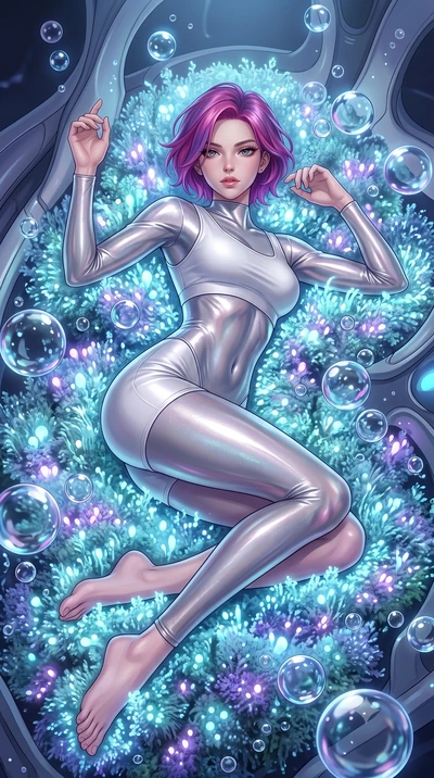 score_9, masterpiece, best quality, ultra-detailed, High-budget Anime Keyframe, Caucasian woman, strictly human ears. Low angle cowboy shot filling the entire 9:16 frame with her statuesque presence. Scenario 467: lying gracefully on a bed of biolumi