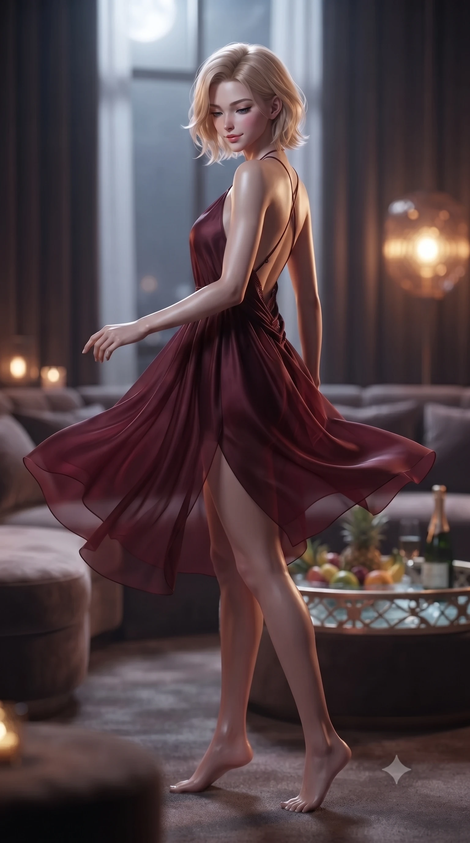 score_9, masterpiece, best quality, ultra-detailed, high-budget anime keyframe, editorial fashion photography, tasteful artistic composition, Caucasian woman. low angle full-body shot from head to toe showing her feet, filling the entire 9:16 vertical frame with her statuesque presence, stretching her vertical silhouette. twirling slowly with a sensual half-smile, letting her silky robe billow gently to reveal her elegant leg line set against a soft-focus background of inside an exclusive cocktail lounge with a floating pool tray of tropical fruits and chilled wine in soft focus. She has an absolutely perfect, statuesque 8.5-heads proportion, an exceptionally tall and slender model-like female figure with impossibly long slender legs and an ultra-slim waist. sharp v-shaped jawline, high-bridge nose, intricate jewel-like eyes with depth, thick eyelashes, glossy lips with a natural sheen. wearing tailored deep burgundy sheer organza backless linen halter dress featuring delicate straps and a draped open-back design featuring refined tailored seams. illuminated by soft silver moonlight contrasting with the warm amber glow of a nearby lamp. ultra-reflective glossy finish, specular highlights, metallic sheen, high-contrast stereoscopic depth, volumetric dynamic lighting, 2k, ultra detail, master piece, 9:16 ratio