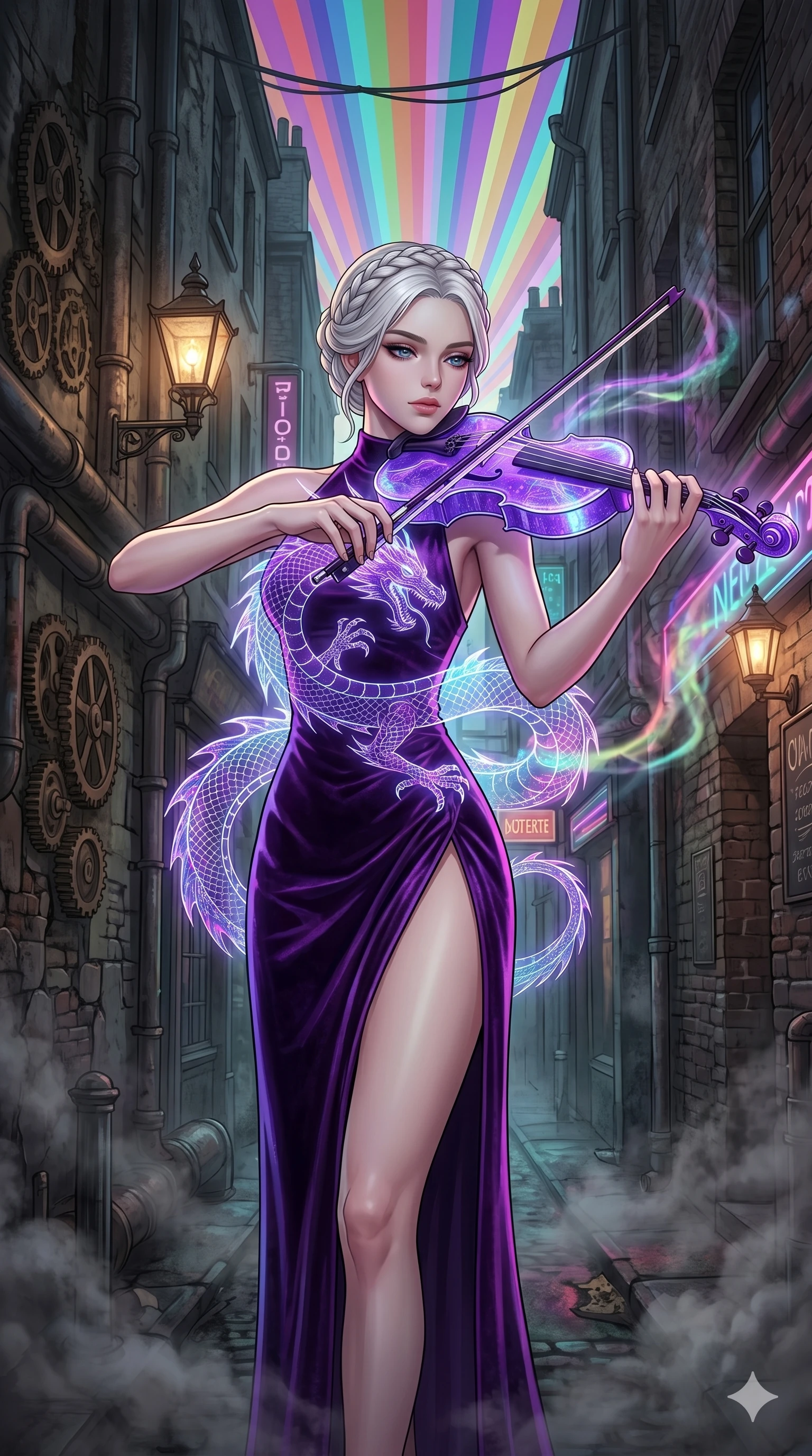 score_9, masterpiece, best quality, ultra-detailed, Set A: High-budget Anime Keyframe, Japanese woman. Upper body close-up from the thighs up, character filling the screen for maximum presence. Theme: Urban Decay. playing a holographic violin in a steampunk London alleyway, with a look of serene power as the sky splits into 68 colors. The atmosphere is filled with heavy smog with neon flares. She has an absolutely perfect 8-heads proportion, an exceptionally tall and slender female figure with impossibly long slender legs and an ultra-slim waist. Sharp v-shaped jawline, high-bridge nose, intricate jewel-like eyes with depth, glossy lips. Wearing High-slit velvet gown with integrated holographic projection of a dragon. Cinematic lighting, vivid colors, dramatic shadows, 2k, ultra detail, master piece, 9:16 ratio