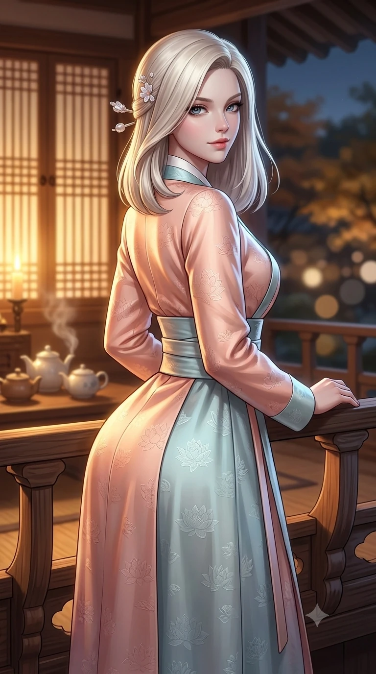 score_9, masterpiece, best quality, ultra-detailed, high-budget anime keyframe, semi-realistic 3D game render, editorial fashion photography, tasteful artistic composition, Caucasian woman. close-up cowboy shot from the waist and thighs up, the character dominates the composition, filling the frame with her large presence. twisting her slender torso in a deep contrapposto stance, hips dramatically shifted to accentuate her feminine curves while looking past her shoulder with smoldering bedroom-eyes while leaning deep against the balcony balustrade with hips cocked back in an unapologetically alluring stance, casting an intoxicating glance. The background shows a soft-focus glowing rice-paper changhoji lattice screens, steaming ceramic teapots, and distant autumn gardens blurred into amber, cream, and charcoal bokeh. She has an exceptionally elegant, slender, and willowy female figure with an ultra-slim waist, flat toned midriff, narrow ribcage, and sculpted feminine hips creating an alluring, slim hourglass silhouette without bulk. sharp v-shaped jawline, high-bridge nose, sparkling eyes with hypnotic seductive depth, thick curled eyelashes, glossy parted lips with a natural dewy peach sheen, alluring bedroom-eyes with an enchanting coquettish smile, exuding magnetic siren charisma and sophisticated glamour, flawlessly proportioned anatomical accuracy, strict slender model proportions, natural body alignment, perfectly sculpted long slender limbs, ultra-slim waistline, clean dynamic posture without body distortion. wearing a structured minimalist hanbok wrap coat dress with clean geometric lines and a wide formal sash in pastel peach blossom and celadon porcelain blue, tailored from rich silk jacquard with subtle embossed lotus blossom patterns, finished with delicate mother-of-pearl hairpin ornaments glinting in her dark glossy hair, the bespoke structured tailoring following the natural line of her 8.5-heads silhouette with refined elegance. bathed in warm golden candlelight glowing from within the interior room mixed with cool moonlight fill. highly saturated vibrant anime colors, detailed shading with soft gradients, rich glossy textures, high-contrast stereoscopic depth, volumetric dynamic lighting, master piece, 9:16 ratio