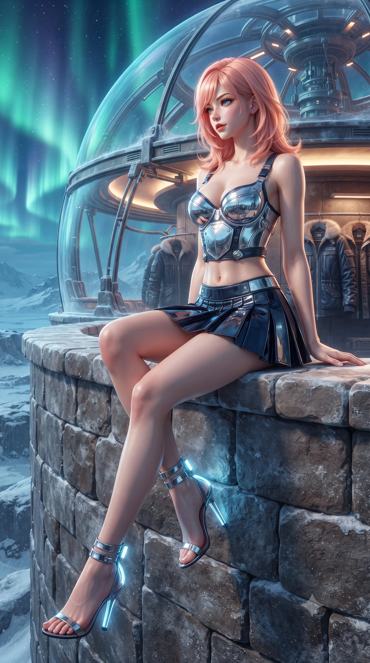score_9, masterpiece, best quality, ultra-detailed, high-budget anime keyframe, editorial fashion photography, tasteful artistic composition, Japanese woman. low angle full-body shot from head to toe showing her feet, filling the entire 9:16 vertical frame with her statuesque presence, stretching her vertical silhouette. walking along the terrace with poise, looking back over her bare shoulder with an irresistible smoldering bedroom-gaze while sitting gracefully on the heated stone parapet ledge with legs crossed, flashing an enchanting smile with parted glossy lips. The surrounding environment is rendered in vivid detail and crisp panoramic clarity: detailed wool-blend thermal officer tailoring, fur-lined collar trim, and extreme-weather outpost engineering in high resolution. She has an exceptionally tall and slender model-like 8.5-heads proportion, an ultra-slim waist, a flat toned midriff, narrow delicate ribcage, and beautifully sculpted feminine hips creating a graceful, slim hourglass silhouette without any bulky heaviness, with impossibly long slender legs. sharp v-shaped jawline, high-bridge nose, intricate jewel-like sparkling eyes with depth, thick eyelashes, glossy parted lips with a natural peach sheen, bright cheerful beaming smile with an enchanting and coquettish sensual glint, exuding both youthful cute charm and seductive allure, flawlessly proportioned anatomical accuracy, strict slender model proportions, natural body alignment, perfectly sculpted long slender limbs, ultra-slim waistline, clean dynamic posture without body distortion. wearing a chrome-plated tactical combat bustier top with reinforced underwire paired with a low-rise pleated micro combat skirt in midnight carbon navy and polished chrome, tailored from high-gloss patent leather with mirror-like specular highlights, complemented by strappy stiletto sandals with metallic ankle wraps accentuating her slender calves, the form-contouring silhouette accentuating her sculpted flat midriff, narrow delicate ribcage, and gracefully curvy hips with intoxicating allure. bathed in the natural undulating luminescence of polar auroras contrasted with warm 2500K dome interior cove lighting. ultra-reflective glossy finish, specular highlights, rich textural contrasts, high-contrast stereoscopic depth, volumetric dynamic lighting, 2k, ultra detail, master piece, 9:16 ratio