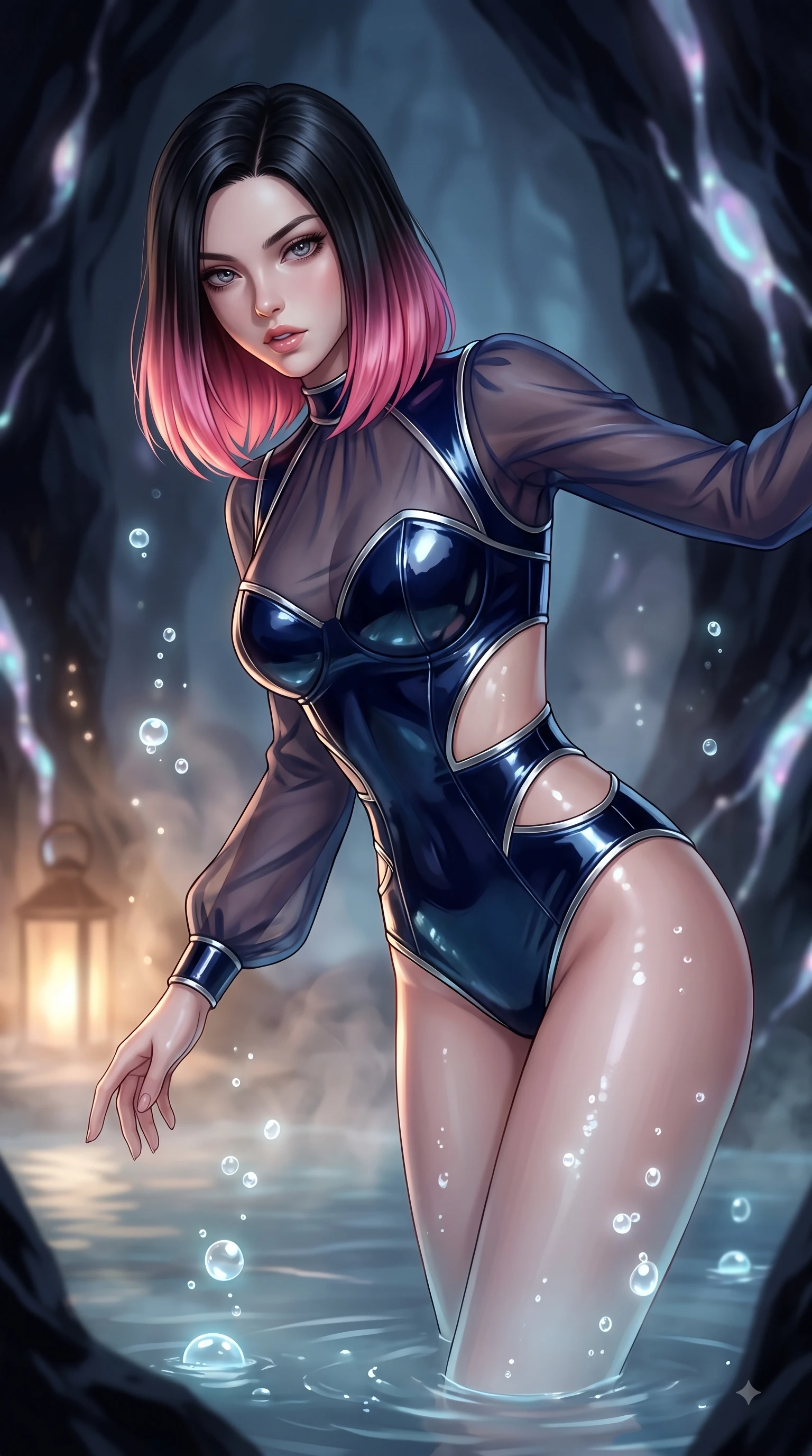 score_9, masterpiece, best quality, ultra-detailed, high-budget anime keyframe, editorial fashion photography, tasteful artistic composition, Korean woman. close-up cowboy shot from the waist and thighs up, the character dominates the composition, filling the frame with her large presence, background elements kept in soft focus. Leaning forward gracefully with lips parted, casting a smoldering magnetic gaze directly into the lens while reaching one arm gently toward the water surface as bioluminescent bubbles cast pearl highlights, bioluminescent opal veins pulsing softly in the subterranean obsidian walls. She has an exceptionally elegant, slender, and willowy female figure with an ultra-slim waist, a gracefully sculpted slender torso, and a refined silhouette. sharp v-shaped jawline, high-bridge nose, intricate jewel-like eyes with depth, thick eyelashes, glossy lips with a natural sheen, flawlessly proportioned anatomical accuracy, natural body alignment, perfectly sculpted elegant limbs, clean dynamic posture without body distortion. wearing a tailored leather bustier over a sheer silk chiffon blouse in midnight navy blue and chrome trim, tailored from high-gloss patent leather, featuring clean architectural cutouts along her slender torso, the form-contouring material highlighting her ultra-slim waist and long lines. bathed in soft warm lantern light filtered through gentle thermal steam. ultra-reflective glossy finish, specular highlights, metallic sheen, high-contrast stereoscopic depth, volumetric dynamic lighting, 2k, ultra detail, master piece, 9:16 ratio