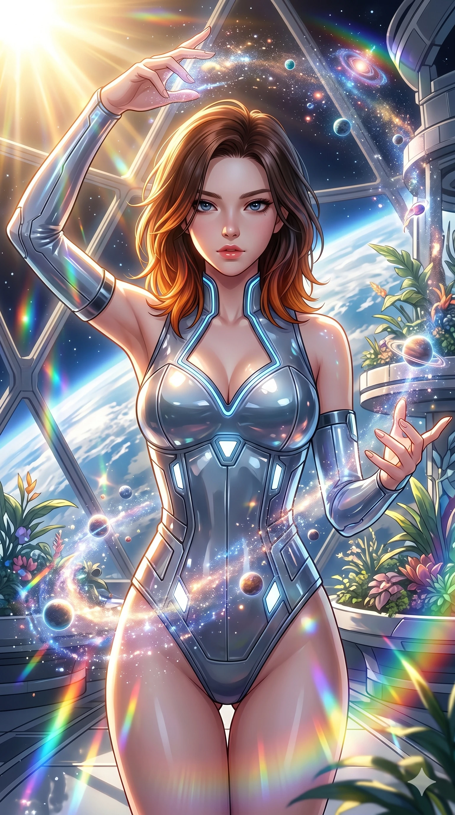 score_9, masterpiece, best quality, ultra-detailed, high-budget anime keyframe, Korean woman. Upper body close-up from the thighs up, character filling the screen for maximum presence. She is posing with dynamic energy as glowing cosmic stardust and floating nebulae swirl around her inside a sunlit orbital conservatory. She looks toward the camera with a captivating, intense gaze. She has an absolutely perfect 8-heads proportion, a tall and elegant figure with a refined silhouette and a defined waistline. V-shaped jawline, high-bridge nose, intricate jewel-like eyes with depth, thick eyelashes, glossy lips with a natural sheen. She is wearing a structured cybernetic bodice in glossy vinyl panels, paired with detached sleeves and a refined V-neckline detailed with glowing piping. The scene is bathed in brilliant, high-contrast golden solar rays and refracting rainbow lens flares. 2k, ultra detail, master piece, 9:16 ratio