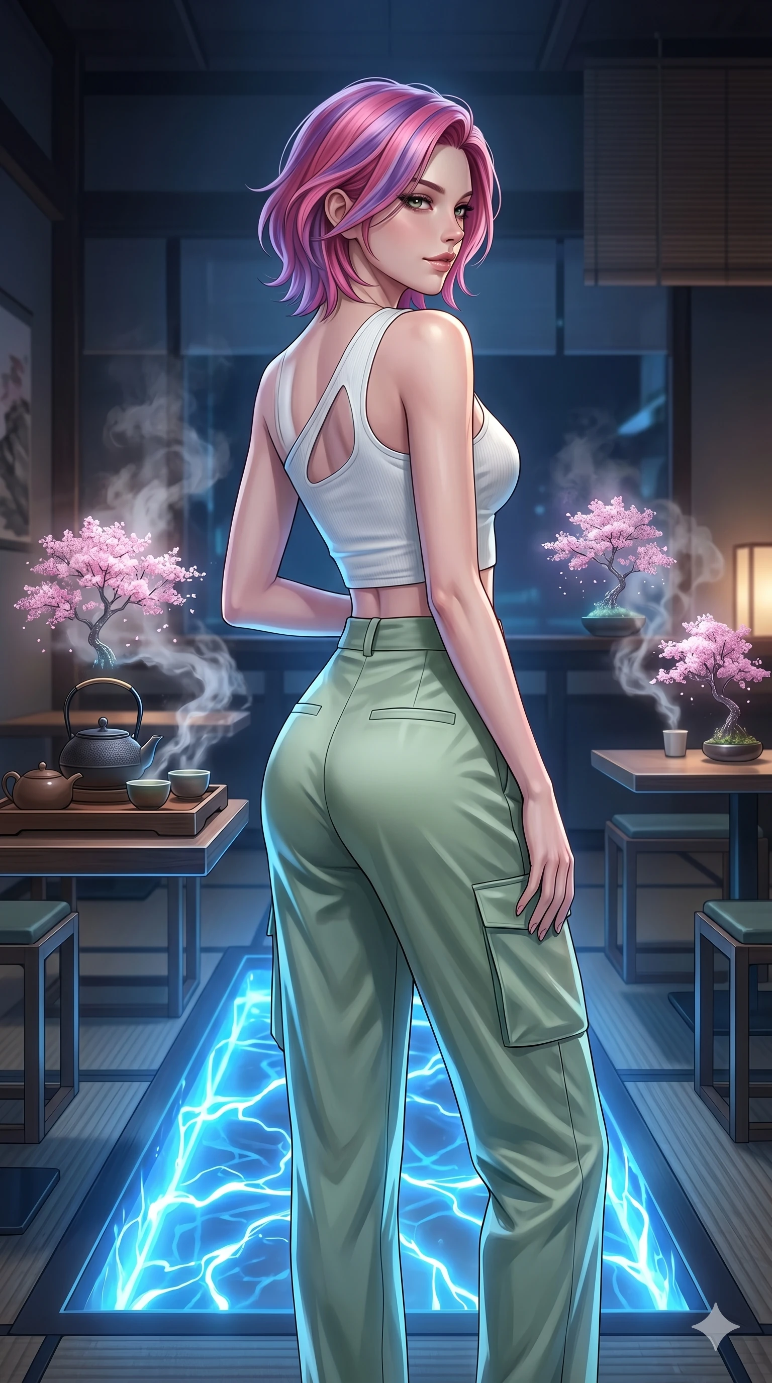 score_9, masterpiece, best quality, ultra-detailed, high-budget anime keyframe, editorial fashion photography, tasteful artistic composition, Caucasian woman, strictly human ears. cowboy shot from the thighs up, character and outfit filling the frame for maximum editorial presence. Glancing sidelong over her shoulder with a smoldering half-smile inside a futuristic tea house where the steam forms tiny holographic cherry blossom trees. She has an absolutely perfect 8-heads proportion, an exceptionally tall and slender female figure with impossibly long slender legs and an ultra-slim waist. V-shaped jawline, high-bridge nose, intricate jewel-like eyes with depth, thick eyelashes, glossy lips with a natural sheen. wearing an asymmetric one-shoulder crop top in white technical knit with a cutout shoulder, paired with high-waist silk-satin utility pants in soft sage green. highlighted by pulsing electric blue plasma arc lighting from below, casting dramatic upward shadows. 2k, ultra detail, master piece, 9:16 ratio