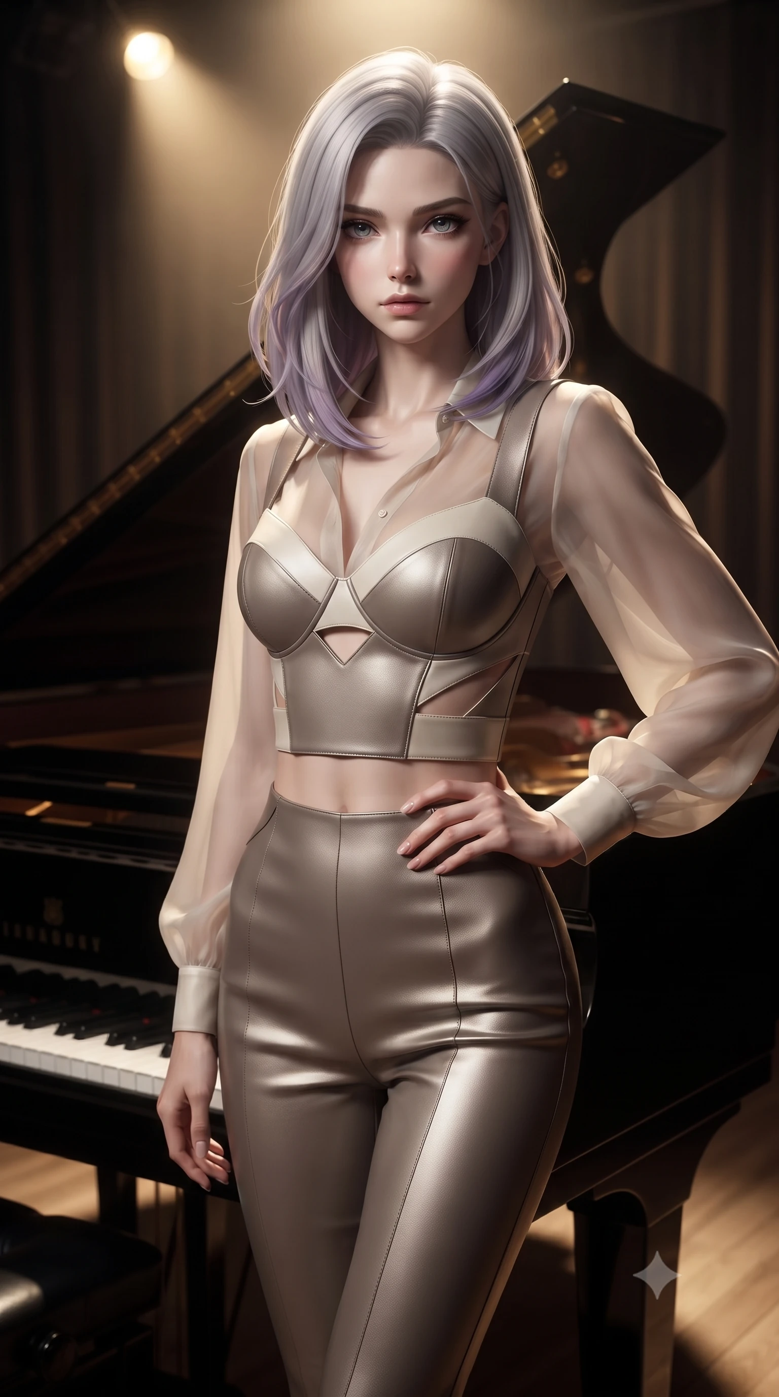 score_9, masterpiece, best quality, ultra-detailed, high-budget anime keyframe, editorial fashion photography, tasteful artistic composition, Caucasian woman. close-up cowboy shot from the waist and thighs up, the character dominates the composition, filling the frame with her large presence, background elements kept in soft focus. Holding a confident power pose with one hand on her hip, gazing directly into the camera with quiet intensity standing beside a polished ebony grand piano on a solitary concert stage, ultra-glossy ebony piano lacquer reflecting the spotlight and her silhouette. She has an exceptionally elegant, slender, and willowy female figure with an ultra-slim waist, a gracefully sculpted slender torso, and a refined silhouette. sharp v-shaped jawline, high-bridge nose, intricate jewel-like eyes with depth, thick eyelashes, glossy lips with a natural sheen. wearing a tailored leather bustier over a sheer silk chiffon blouse in muted taupe and soft ivory, crafted from smooth liquid silk, featuring subtle geometric cutouts that highlight her ultra-slim midriff, the sleek second-skin texture accentuating her magnetic presence. bathed in a single dramatic golden spotlight with rich chiaroscuro shadows. ultra-reflective glossy finish, specular highlights, metallic sheen, high-contrast stereoscopic depth, volumetric dynamic lighting, 2k, ultra detail, master piece, 9:16 ratio