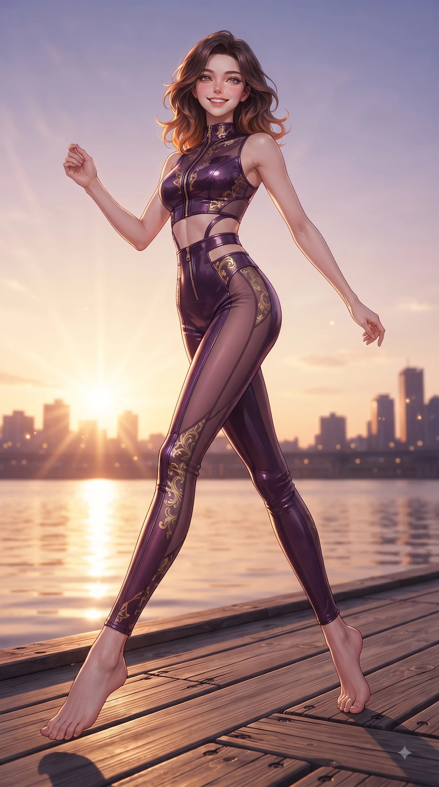 score_9, masterpiece, best quality, ultra-detailed, high-budget anime keyframe, editorial fashion photography, tasteful artistic composition, Korean woman. low angle full-body shot from head to toe showing her feet, filling the entire 9:16 vertical frame with her statuesque presence, stretching her vertical silhouette. leaping with pure youthful energy through mid-air with a radiant bright smile, her impossibly long slender legs stretched in balance while walking across a wooden river pier as golden hour sunbursts reflect off calm water, city skyline silhouettes twinkling softly in the warm sunset glow. She has an absolutely perfect, statuesque 8.5-heads proportion, an exceptionally tall and slender model-like female figure with impossibly long slender legs and an ultra-slim waist. sharp v-shaped jawline, high-bridge nose, intricate jewel-like eyes with depth, thick eyelashes, glossy lips with a natural sheen, flawlessly proportioned anatomical accuracy, natural body alignment, perfectly sculpted elegant limbs, clean dynamic posture without body distortion. wearing a glossy vinyl crop top and high-waist tailored leggings with sleek zippers in plum purple and gold filigree, woven from fine semi-opaque sheer organza, featuring clean architectural cutouts along her slender torso, the tailored fabric tightly following every curve of her athletic build. illuminated by soft glowing sunset reflections with cheerful golden rim lights. ultra-reflective glossy finish, specular highlights, metallic sheen, high-contrast stereoscopic depth, volumetric dynamic lighting, 2k, ultra detail, master piece, 9:16 ratio