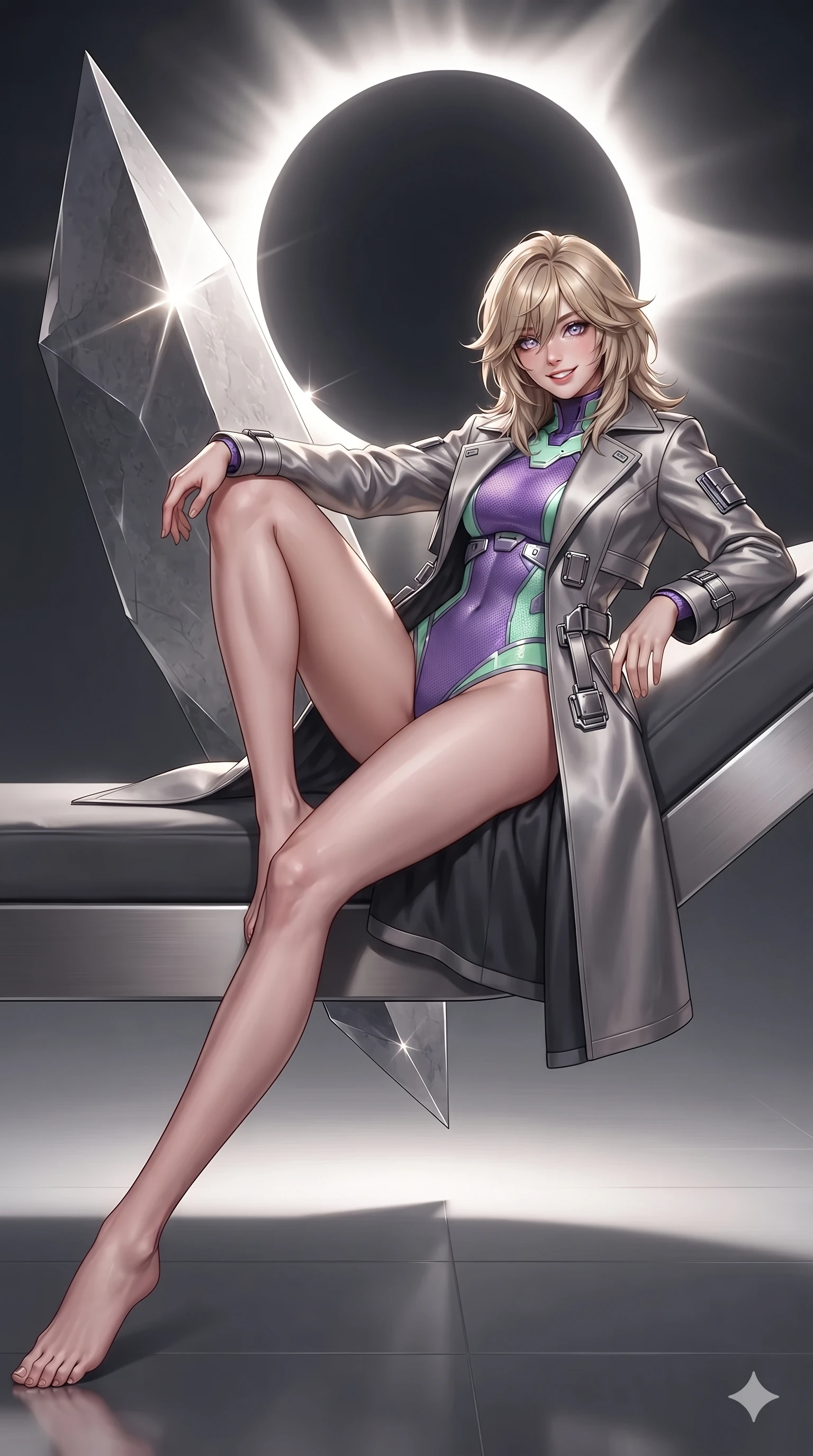 score_9, masterpiece, best quality, ultra-detailed, high-budget anime keyframe, editorial fashion photography, tasteful artistic composition, Japanese woman. low angle full-body shot from head to toe showing her feet, filling the entire 9:16 vertical frame with her statuesque presence, stretching her vertical silhouette. reclining gracefully across the anti-gravity daybed with one leg extended, her sculpted silhouette and flat midriff radiating magnetic futuristic glamour while leaning against a massive levitating shard with hips cocked back, gazing through the blinding coronal ring with intoxicating bedroom-eyes. The surrounding environment is rendered in vivid detail and crisp panoramic clarity: sharp levitating stone facet edges, blinding specular glints along shard corners, and crisp eclipse corona ring details in deep focus. She has an absolutely perfect, statuesque 8.5-heads proportion, an exceptionally tall and slender model-like female figure with impossibly long slender legs, an ultra-slim waist, a flat toned midriff, narrow delicate ribcage, and beautifully sculpted feminine hips creating a graceful, slim hourglass silhouette without any bulky heaviness. sharp v-shaped jawline, high-bridge nose, intricate jewel-like sparkling eyes with depth, thick eyelashes, glossy parted lips with a natural sheen, bright confident smile with an enchanting and coquettish sensual glint, exuding both youthful magnetic charm and sovereign high-tech allure, flawlessly proportioned anatomical accuracy, strict slender model proportions, natural body alignment, perfectly sculpted long slender limbs, ultra-slim waistline, clean dynamic posture without body distortion. wearing a structured aerospace commander greatcoat layered over an armored high-neck knit underlayer in phosphorescent ultraviolet amethyst and mint green, tailored from brushed aeronautical titanium alloy with matte satin sheen, finished with polished chrome buckle hardware and modular magnetic holster clasps, the bespoke structured tailoring following the natural line of her 8.5-heads silhouette with refined elegance. bathed in the dramatic high-contrast diamond corona brilliance of the twin solar eclipse casting sharp dramatic shadows. ultra-reflective glossy finish, specular highlights, rich textural contrasts, high-contrast stereoscopic depth, volumetric dynamic lighting, 2k, ultra detail, master piece, 9:16 ratio