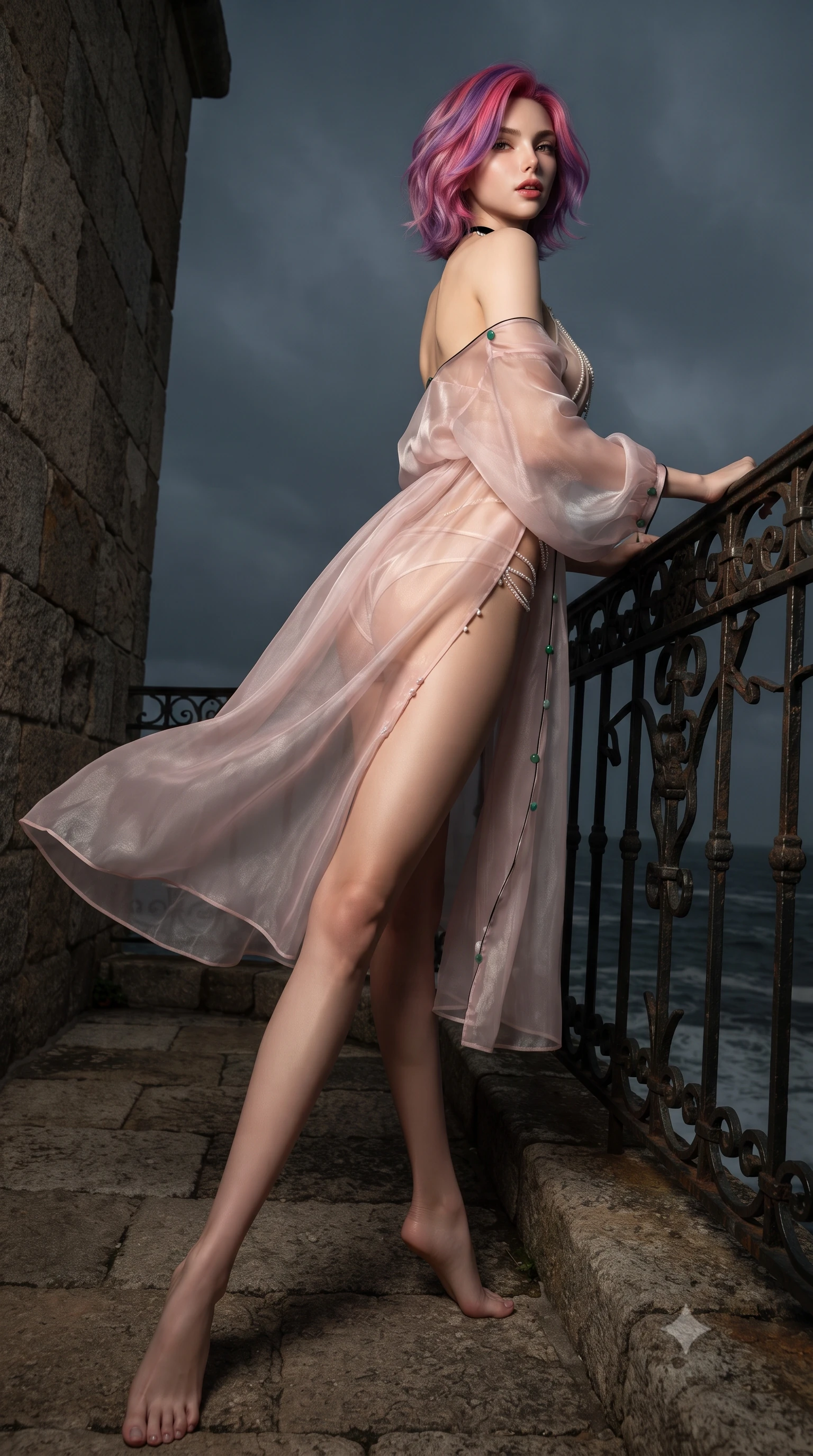score_9, masterpiece, best quality, ultra-detailed, high-budget anime keyframe, editorial fashion photography, tasteful artistic composition, Caucasian woman. low angle full-body shot from head to toe showing her feet, filling the entire 9:16 vertical frame with her statuesque presence, stretching her vertical silhouette. walking along the terrace with poise, looking back over her bare shoulder with an irresistible smoldering bedroom-gaze while leaning against the hand-forged iron railing with hips cocked back, casting an intoxicating smoldering bedroom-gaze over the stormy dark sea. The surrounding environment is rendered in vivid detail and crisp panoramic clarity: detailed provocative plunge-front sheer mesh caftan, delicate pearl beading, micro satin lingerie, and historic military stonework in razor-sharp precision. She has an exceptionally tall and slender model-like 8.5-heads proportion, an ultra-slim waist, a flat toned midriff, narrow delicate ribcage, and beautifully sculpted feminine hips creating a graceful, slim hourglass silhouette without any bulky heaviness, with impossibly long slender legs. sharp v-shaped jawline, high-bridge nose, intricate jewel-like sparkling eyes with depth, thick eyelashes, glossy parted lips with a natural peach sheen, bright cheerful beaming smile with an enchanting and coquettish sensual glint, exuding both youthful cute charm and seductive allure, flawlessly proportioned anatomical accuracy, strict slender model proportions, natural body alignment, perfectly sculpted long slender limbs, ultra-slim waistline, clean dynamic posture without body distortion. wearing an alluring semi-sheer silk chiffon boudoir peignoir slipping off bare shoulders with delicate jade button accents in Kyoto moonlit sakura blush and polished urushi black, crafted from translucent silk organza with an ethereal crystalline sheen, finished with a thin velvet ribbon choker and a single teardrop diamond pendant, the form-contouring silhouette accentuating her sculpted flat midriff, narrow delicate ribcage, and gracefully curvy hips with intoxicating allure. illuminated by sea foam specular reflections and sharp flame-gold rim lights defining her razor-sharp jawline, narrow waist, and curvy hips. ultra-reflective glossy finish, specular highlights, rich textural contrasts, high-contrast stereoscopic depth, volumetric dynamic lighting, 2k, ultra detail, master piece, 9:16 ratio