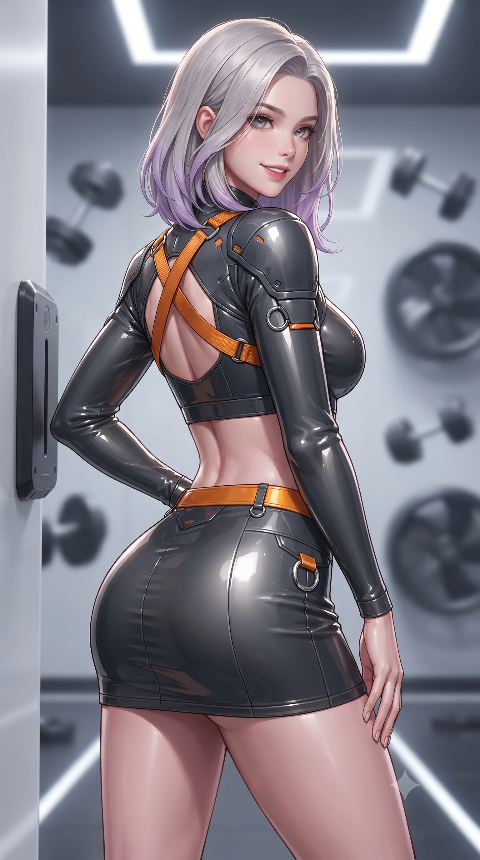 score_9, masterpiece, best quality, ultra-detailed, high-budget anime keyframe, editorial fashion photography, tasteful artistic composition, Caucasian woman. close-up cowboy shot from the waist and thighs up, the character dominates the composition, filling the frame with her large presence. posing in an alluring rear three-quarter angle, turning over a bare shoulder with an intoxicating gaze, her hips cocked back to highlight her slim hourglass curve against the glowing reactor while resting lightly against a magnetic wall grip with legs extended, displaying her toned midriff and long slender limbs with effortless charisma. The background shows a soft-focus floating magnetic fitness weights and aerodynamic air resistance fans softened in space-fitness shallow focus. She has an exceptionally elegant, slender, and willowy female figure with an ultra-slim waist, flat toned midriff, narrow ribcage, and sculpted feminine hips creating an alluring, slim hourglass silhouette without bulk. sharp v-shaped jawline, high-bridge nose, intricate jewel-like sparkling eyes with depth, thick eyelashes, glossy parted lips with a natural sheen, bright confident smile with an enchanting and coquettish sensual glint, exuding both youthful magnetic charm and sovereign high-tech allure, flawlessly proportioned anatomical accuracy, strict slender model proportions, natural body alignment, perfectly sculpted long slender limbs, ultra-slim waistline, clean dynamic posture without body distortion. wearing a modern mecha-suit two-piece set featuring a cropped armored bolero top and micro tactical skirt with chrome rings in stealth charcoal slate and molten laser orange, tailored from ultra-reflective glossy liquid vinyl with mirror-like specular highlights, finished with criss-cross Kevlar tactical straps tracing her graceful shoulder blades, the liquid-tight tailored fabric clinging flawlessly to her narrow waist and rounded feminine hips, emphasizing every millimeter of her sculpted slim hourglass curves without any bulky heaviness. illuminated by floor LED guides and sharp platinum rim lights defining her razor-sharp jawline, narrow waist, and curvy hips. ultra-reflective glossy finish, specular highlights, rich textural contrasts, high-contrast stereoscopic depth, volumetric dynamic lighting, 2k, ultra detail, master piece, 9:16 ratio