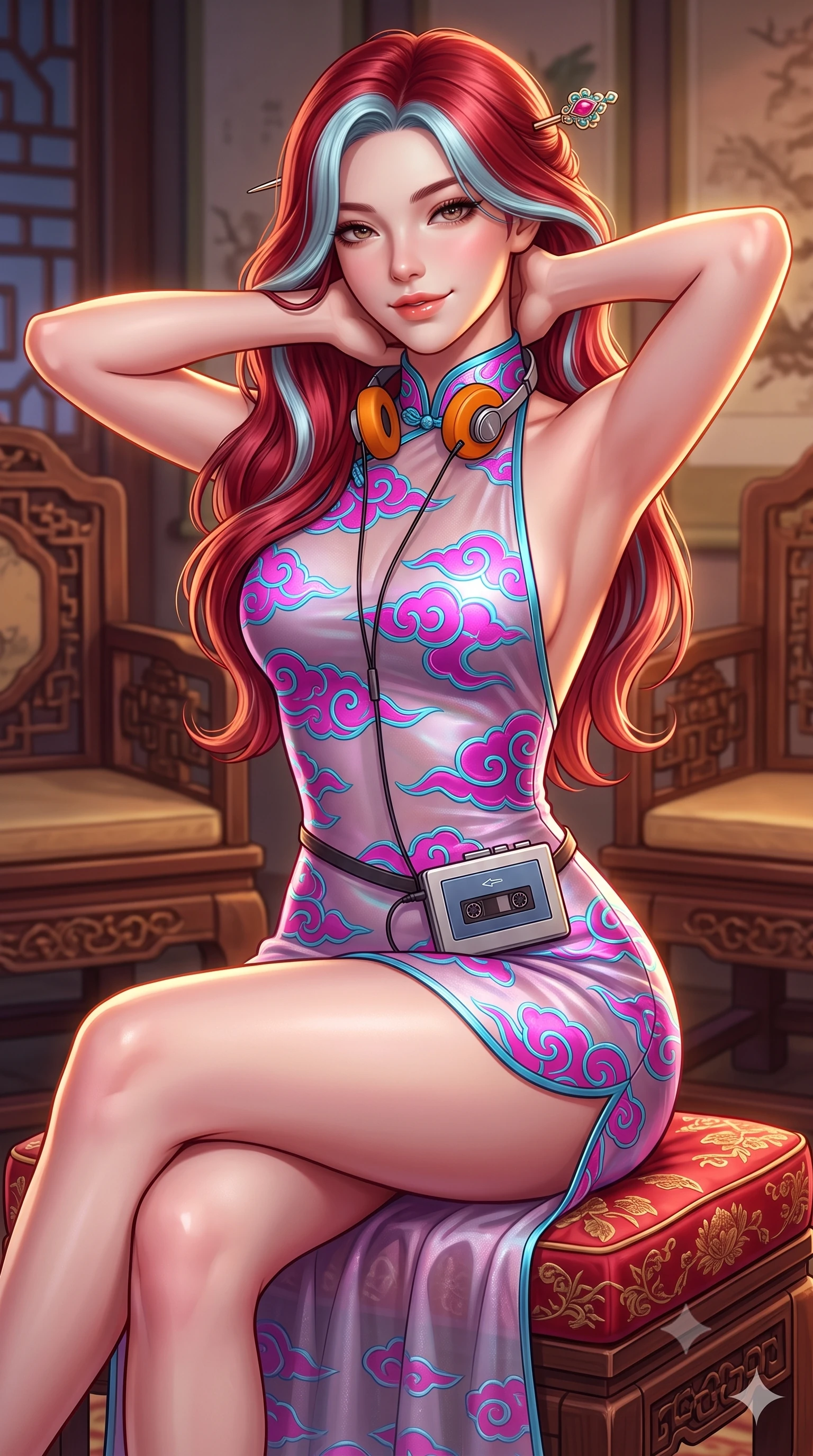 score_9, masterpiece, best quality, ultra-detailed, high-budget anime keyframe, semi-realistic 3D game render, editorial fashion photography, tasteful artistic composition, Caucasian woman. close-up cowboy shot from the waist and thighs up, the character dominates the composition, filling the frame with her large presence. resting both hands lightly behind her neck with elbows raised, arching her spine to highlight her narrow waist, flat midriff, and breathtaking collarbones while sitting perched gracefully on an embroidered red silk hassock, one hand adjusting her hairpin with sovereign high-society allure. The surrounding environment is rendered in vivid detail and crisp panoramic clarity: detailed semi-sheer fabric weave, glistening lip gloss sheen, and historic imperial furniture craftsmanship in razor-sharp resolution. She has an exceptionally elegant, slender, and willowy female figure with an ultra-slim waist, flat toned midriff, narrow ribcage, and sculpted feminine hips creating an alluring, slim hourglass silhouette without bulk. sharp v-shaped jawline, high-bridge nose, sparkling eyes with hypnotic seductive depth, thick curled eyelashes, glossy parted lips with a natural dewy peach sheen, alluring bedroom-eyes with an enchanting coquettish smile, exuding magnetic siren charisma and sophisticated glamour, flawlessly proportioned anatomical accuracy, strict slender model proportions, natural body alignment, perfectly sculpted long slender limbs, ultra-slim waistline, clean dynamic posture without body distortion. wearing a backless embroidered silk satin slip dress with traditional cloud motifs contouring her narrow waist and curvy hips in electric 80s magenta and neon cyan with chrome highlights, made of delicate semi-sheer Korean gossamer organza with subtle pearlescent glints, complemented by a retro cassette walkman with vintage foam-padded orange headphones, the liquid-tight tailored fabric clinging flawlessly to her narrow waist and rounded feminine hips, emphasizing every millimeter of her sculpted slim hourglass curves without any bulky heaviness. illuminated by lacquer specular highlights and sharp warm-gold rim lights defining her razor-sharp jawline, narrow waist, and curvy hips. highly saturated vibrant anime colors, detailed shading with soft gradients, rich glossy textures, high-contrast stereoscopic depth, volumetric dynamic lighting, master piece, 9:16 ratio