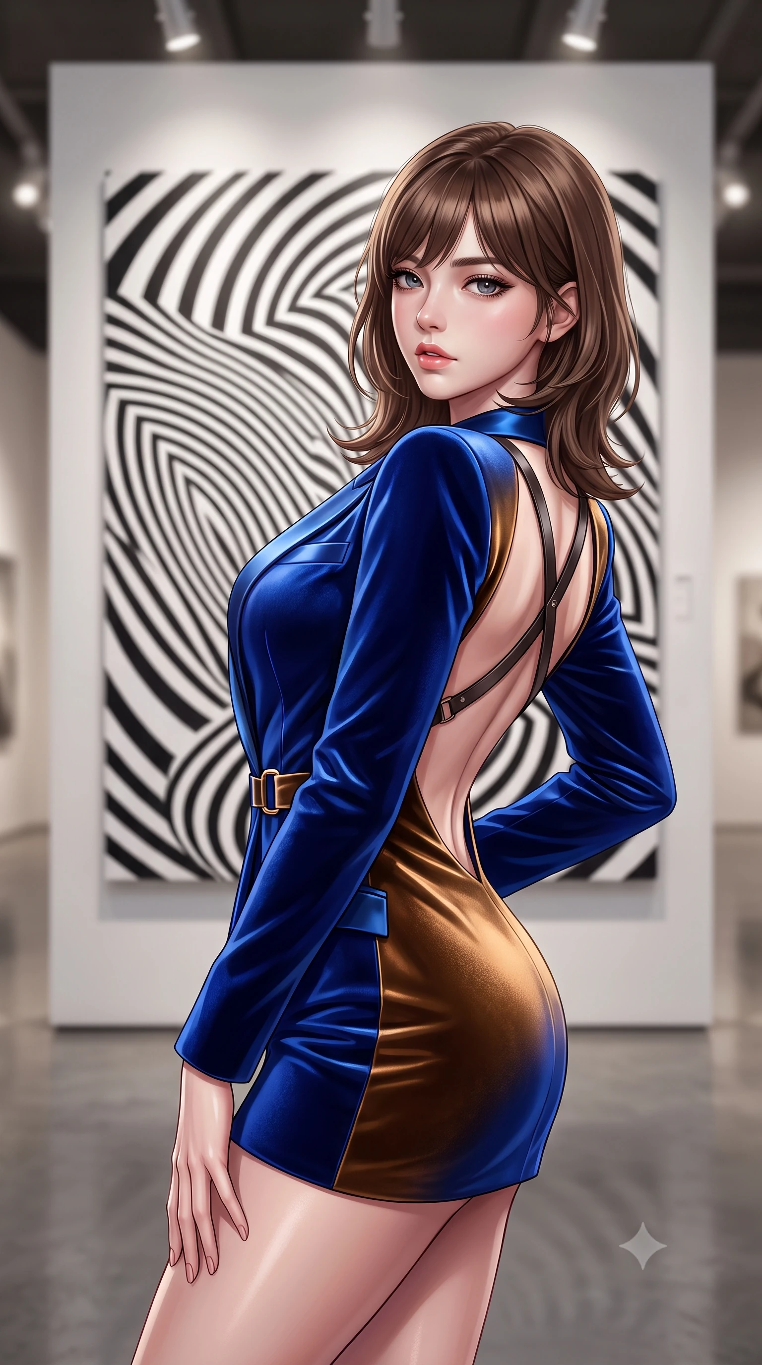score_9, masterpiece, best quality, ultra-detailed, high-budget anime keyframe, semi-realistic 3D game render, editorial fashion photography, tasteful artistic composition, Korean woman. close-up cowboy shot from the waist and thighs up, the character dominates the composition, filling the frame with her large presence. leaning back with relaxed seductive grace, her sculpted collarbones and narrow waist highlighted as she casts smoldering bedroom-eyes directly into the camera while posing before a monumental black-and-white op-art painting, twisting her slender torso in a sharp contrapposto stance to mirror the geometric optical curves. The composition keeps background elements in soft focus with creamy bokeh. high-ceiling gallery partition walls and polished epoxy floors softened in artistic shallow focus. She has an exceptionally elegant, slender, and willowy female figure with an ultra-slim waist, flat toned midriff, narrow ribcage, and sculpted feminine hips creating an alluring, slim hourglass silhouette without bulk. sharp v-shaped jawline, high-bridge nose, intricate jewel-like eyes with depth, thick eyelashes, glossy parted lips with a natural sheen, intensely captivating and seductive bedroom-eyes expression, flawlessly proportioned anatomical accuracy, strict slender model proportions, natural body alignment, perfectly sculpted long slender limbs, ultra-slim waistline, clean dynamic posture without body distortion. wearing a tailored velvet tuxedo jacket dress with satin lapels, worn with a deep plunge neckline and gold hip buckle in royal sapphire blue and liquid bronze, tailored from smooth liquid silk satin adhering seamlessly to her skin, featuring an open-back criss-cross harness strap in dark leather, the dramatically scooped open back descending to the base of her spine, accentuating her razor-sharp statuesque lines and slim hourglass silhouette. bathed in precise museum directional spotlights from above and soft floor-level ambient fill. highly saturated vibrant anime colors, detailed shading with soft gradients, rich glossy textures, high-contrast stereoscopic depth, volumetric dynamic lighting, master piece, 9:16 ratio