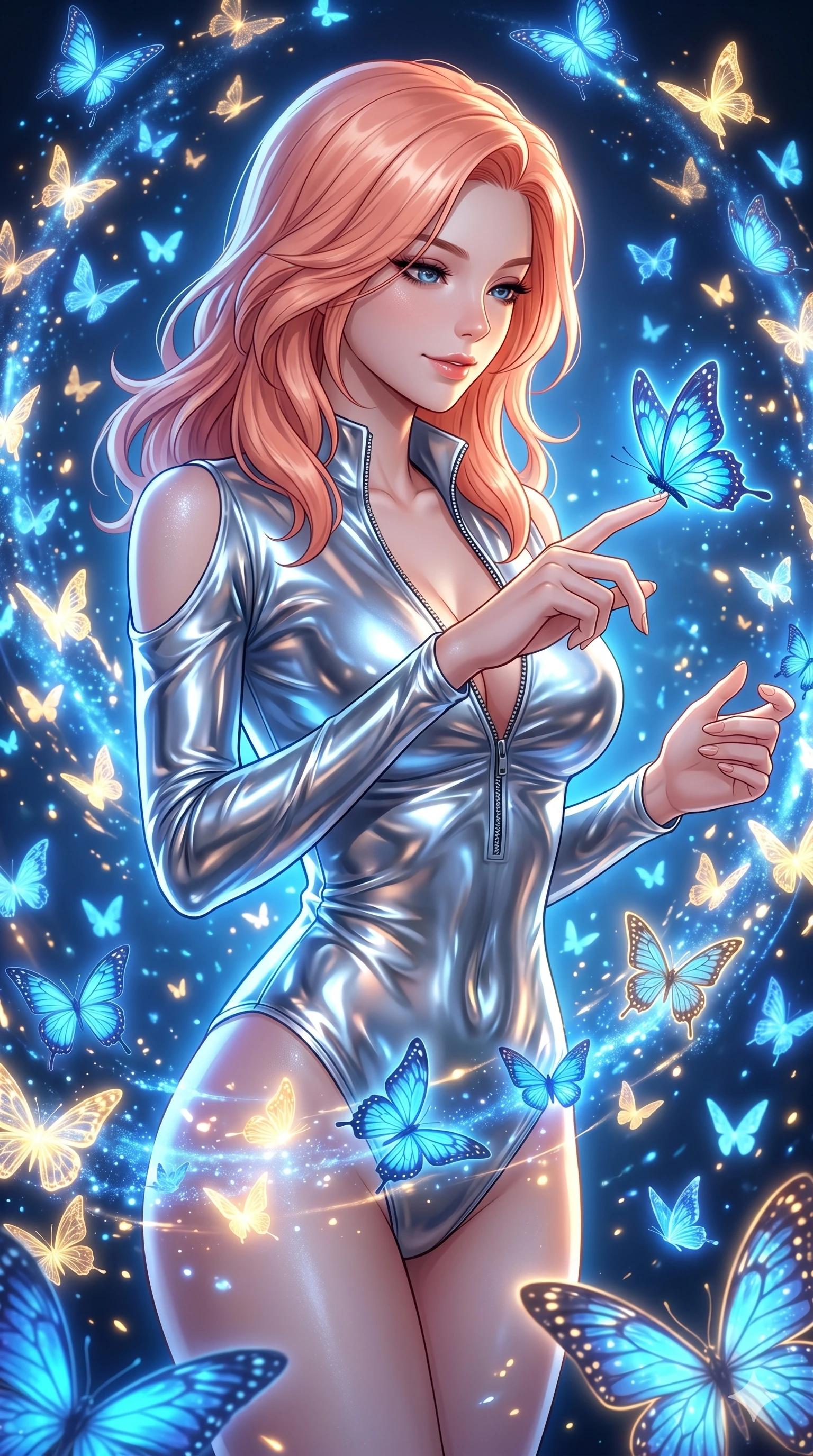 score_9, masterpiece, best quality, ultra-detailed, high-budget anime keyframe, Japanese woman. Upper body close-up from the thighs up, character filling the screen for maximum presence. She is surrounded by thousands of glowing digital butterflies that orbit her body. She reaches out to let one land on her finger, looking at it with a soft, captivating smile. She has an absolutely perfect 8-heads proportion, an exceptionally tall and slender female figure with impossibly long slender legs and an ultra-slim waist. V-shaped jawline, high-bridge nose, intricate jewel-like eyes with depth, thick eyelashes, glossy lips with a natural sheen. She is wearing a form-fitting top made of molten liquid-mercury fabric that clings to her curves, with strategic tear-drop shoulder cutouts and a dangerously unzipped front collar. The scene is lit by brilliant blue and gold light from the butterflies and a sharp side key light. 2k, ultra detail, master piece, 9:16 ratio