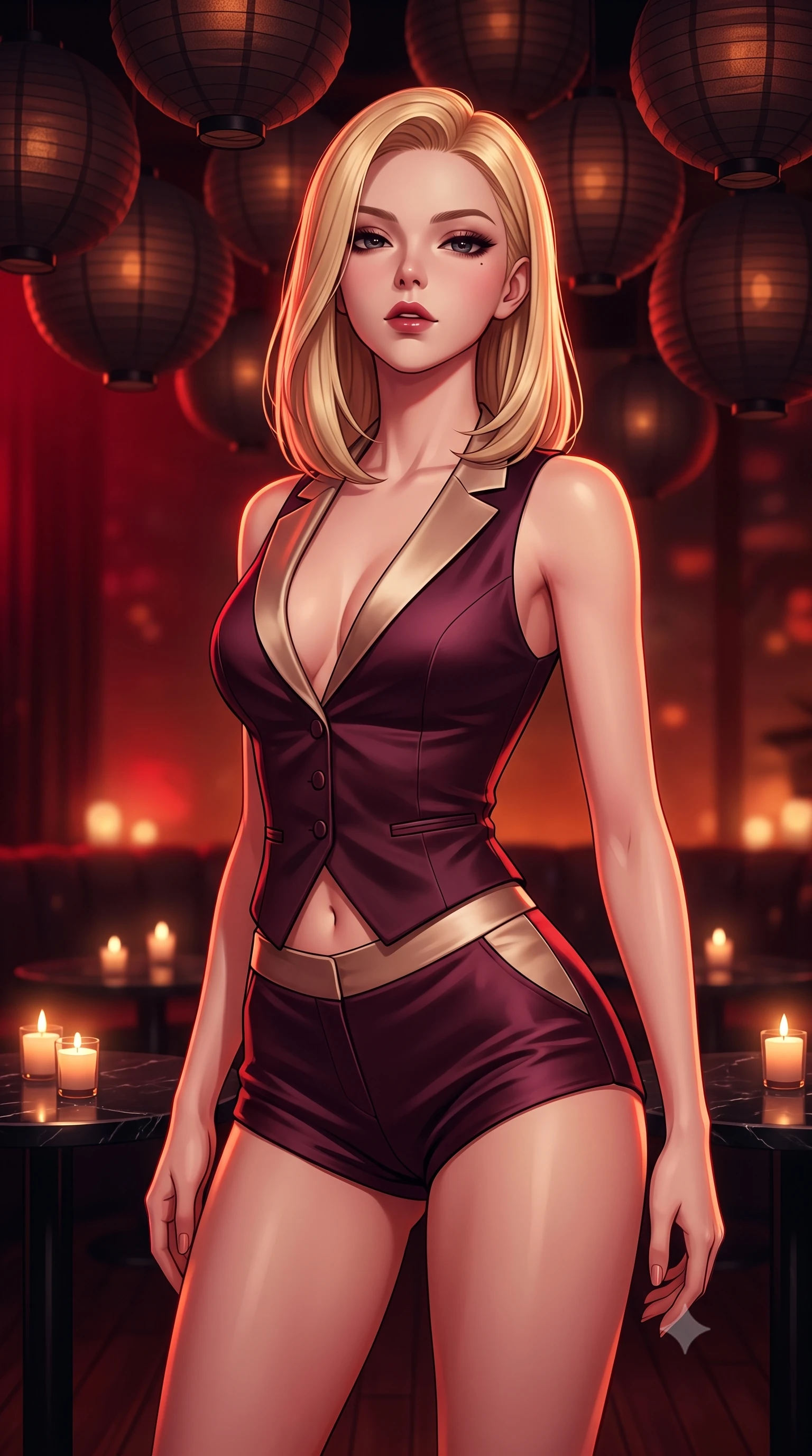 score_9, masterpiece, best quality, ultra-detailed, high-budget anime keyframe, semi-realistic 3D game render, editorial fashion photography, tasteful artistic composition, Korean woman. close-up cowboy shot from the waist and thighs up, the character dominates the composition, filling the frame with her large presence. tilting her chin up slightly with lips parted in a composed, sovereign expression, her body curving in an alluring S-line that accentuates her hip contour while twisting her slender torso in an alluring contrapposto stance beneath a canopy of dark paper lanterns, her fitted outfit accentuating her hips and waist. The composition keeps background elements in soft focus with dreamy creamy bokeh. flickering tea-light candles on black marble tables softened in moody lounge shallow focus. She has an exceptionally elegant, slender, and willowy female figure with an ultra-slim waist, flat toned midriff, narrow ribcage, and sculpted feminine hips creating an alluring, slim hourglass silhouette without bulk. sharp v-shaped jawline, high-bridge nose, intricate jewel-like dark sparkling eyes with dangerous depth, thick curled eyelashes, glossy parted lips with a rich wine sheen, smoldering seductive half-smile with bedroom-eyes, exuding effortless superiority and intoxicating dark allure, flawlessly proportioned anatomical accuracy, strict slender model proportions, natural body alignment, perfectly sculpted long slender limbs, ultra-slim waistline, clean dynamic posture without body distortion. wearing a tailored satin tuxedo vest worn closed against bare skin with high-cut tailored satin hot-pants in dark mulberry wine and antique champagne, tailored from fine lightweight midnight wool crepe with crisp architectural structure, featuring a dramatic criss-cross satin back lacing tracing her slender spine, the form-contouring cut accentuating her sculpted flat midriff, narrow delicate ribcage, and gracefully curvy hips with sovereign high-fashion precision. bathed in intense crimson and deep amber low-key accent lighting. highly saturated vibrant anime colors, detailed shading with soft gradients, rich glossy textures, high-contrast stereoscopic depth, volumetric dynamic lighting, master piece, 9:16 ratio
