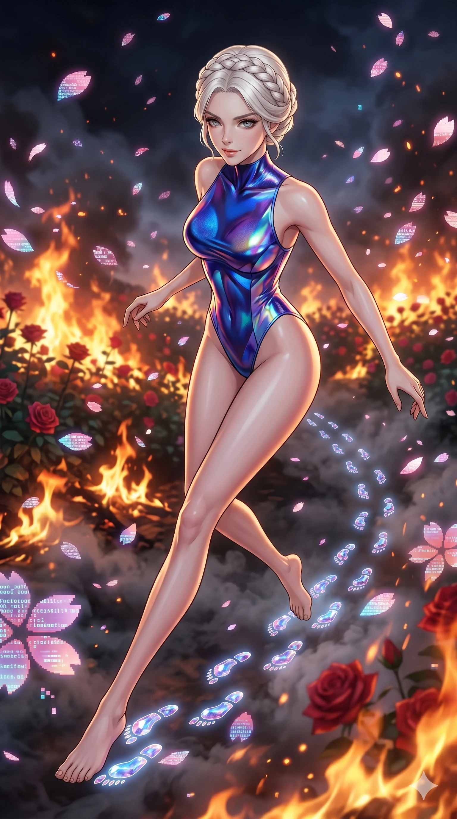 score_9, masterpiece, best quality, ultra-detailed, Set A: High-budget Anime Keyframe, Japanese woman. Upper body close-up from the thighs up, character filling the screen for maximum presence. Sliding through a burning rose garden, as she leaves a trail of 38 glowing footprints and surrounded by digital sakura petals. She has an absolutely perfect 8-heads proportion, an exceptionally tall and slender female figure with impossibly long slender legs and an ultra-slim waist. Sharp v-shaped jawline, high-bridge nose, intricate jewel-like eyes with depth, thick eyelashes, glossy lips with a natural sheen. Wearing High-cut bodysuit made of liquid-crystal fabric that changes color with movement. Cinematic lighting, vibrant colors, dramatic shadows, 2k, ultra detail, master piece, 9:16 ratio