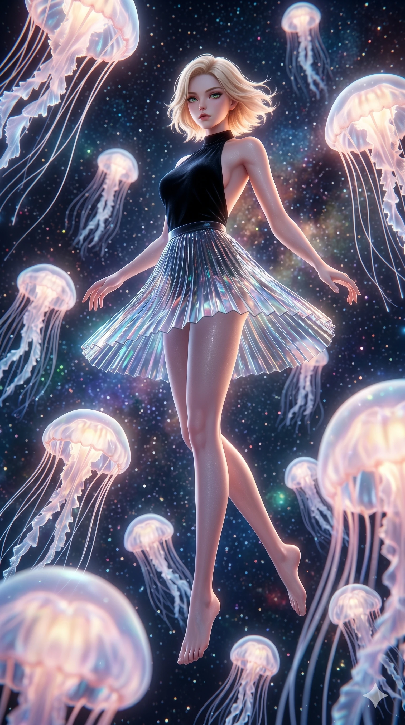 score_9, masterpiece, best quality, ultra-detailed, high-budget anime keyframe, Korean woman. low angle full-body shot filling the entire 9:16 frame with her statuesque presence, stretching the vertical silhouette. swirling gracefully among the glowing ribbon-like tentacles of giant bioluminescent jellyfish floating in a starry sky garden. She has an absolutely perfect 8-heads proportion, an exceptionally tall and slender female figure with impossibly long slender legs and an ultra-slim waist. V-shaped jawline, high-bridge nose, intricate jewel-like eyes with depth, thick eyelashes, glossy lips with a natural sheen.. wearing a fractal glass pleated skirt and a backless black velvet halter neck top, creating a dramatic and elegant silhouette. illuminated by dramatic chiaroscuro casting soft shadows along her curves, with vibrant backlighting highlighting the dust particles. 2k, ultra detail, master piece, 9:16 ratio