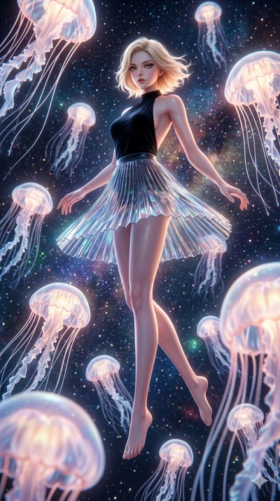 score_9, masterpiece, best quality, ultra-detailed, high-budget anime keyframe, Korean woman. low angle full-body shot filling the entire 9:16 frame with her statuesque presence, stretching the vertical silhouette. swirling gracefully among the glowi