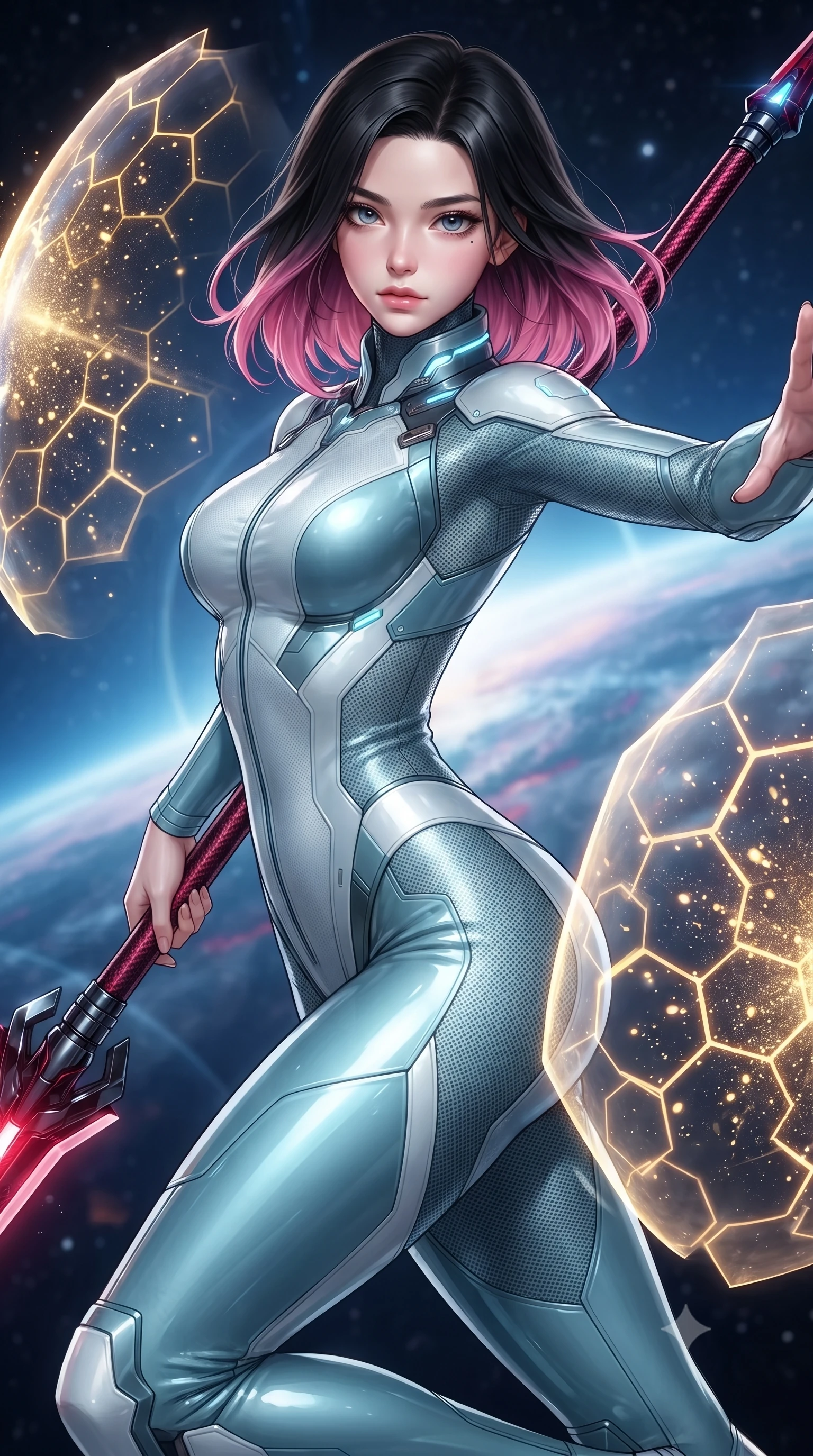 score_9, masterpiece, best quality, ultra-detailed, high-budget anime keyframe, editorial fashion photography, tasteful artistic composition, Korean woman. close-up cowboy shot from the waist and thighs up, the character dominates the composition, filling the frame with her large presence. twisting her upper body in a dynamic S-curve combat stance, one hand steadying her weapon with commanding supermodel allure while pivoting dynamically in zero-gravity with arms outstretched as the translucent energy shields pulse with golden particle light. The surrounding environment is rendered in vivid detail and crisp panoramic clarity. sharp hexagonal shield matrix borders, glowing honeycomb energy lattices, and singularity event horizon in deep focus. She has an exceptionally elegant, slender, and willowy female figure with an ultra-slim waist, a gracefully sculpted slender torso, toned flat midriff, and a refined slim silhouette. sharp v-shaped jawline, high-bridge nose, intricate jewel-like eyes with depth, thick eyelashes, glossy lips with a natural sheen, flawlessly proportioned anatomical accuracy, strict slender model proportions, natural body alignment, perfectly sculpted long slender limbs, ultra-slim waistline, clean dynamic posture without body distortion. wearing an ultra-sleek glacial-cyan and white carbon-mesh combat bodysuit with frost-resistant plating, holding a glowing high-frequency cryo-energy spear with commanding poise in deep crimson carbon weave with specular dark chrome accents, formed from high-gloss patent carbon-plating with specular chiaroscuro reflections, featuring a sleek aerodynamic collar framed by subtle glowing cybernetic status LEDs, the liquid-tight tailored fabric emphasizing every curve of her tall, slender model proportions and sculptured silhouette during dynamic movement. surrounded by an awe-inspiring, supreme, and radiantly transcendent cosmic guardian goddess aura. ultra-reflective glossy finish, specular highlights, dark metallic sheen, high-contrast stereoscopic depth, volumetric dynamic lighting, 2k, ultra detail, master piece, 9:16 ratio