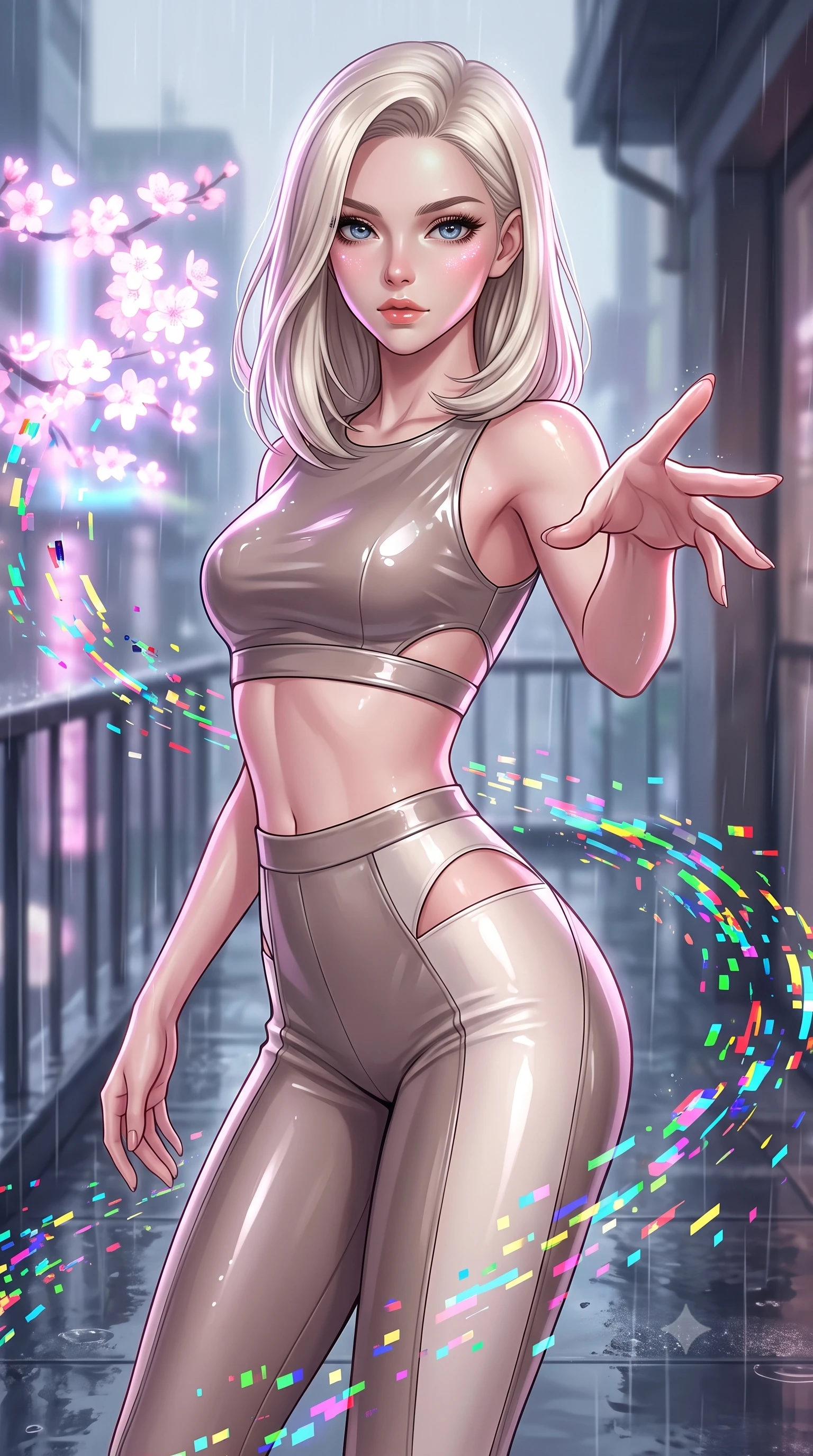 score_9, masterpiece, best quality, ultra-detailed, high-budget anime keyframe, editorial fashion photography, tasteful artistic composition, Caucasian woman. close-up cowboy shot from the waist and thighs up, the character dominates the composition, filling the frame with her large presence, background elements kept in soft focus. Reaching her hand gracefully toward the camera with magnetic allure, her torso turning in a dynamic S-curve alignment while pivoting gracefully on a rain-slicked balcony as RGB glitch noise scatters nearby, RGB glitch noise patterns casting colorful pixel trails along her movement. She has an exceptionally elegant, slender, and willowy female figure with an ultra-slim waist, a gracefully sculpted slender torso, and a refined silhouette. sharp v-shaped jawline, high-bridge nose, intricate jewel-like eyes with depth, thick eyelashes, glossy lips with a natural sheen, flawlessly proportioned anatomical accuracy, natural body alignment, perfectly sculpted elegant limbs, clean dynamic posture without body distortion. wearing a glossy vinyl crop top and high-waist tailored leggings with sleek zippers in muted taupe and soft ivory, crafted from smooth liquid silk, featuring clean architectural cutouts along her slender torso, the sleek second-skin texture accentuating her magnetic presence. illuminated by glowing holographic sakura radiance and wet specular reflections. highly saturated vibrant anime colors, detailed shading with soft gradients, rich glossy textures, high-contrast stereoscopic depth, volumetric dynamic lighting, master piece, 9:16 ratio