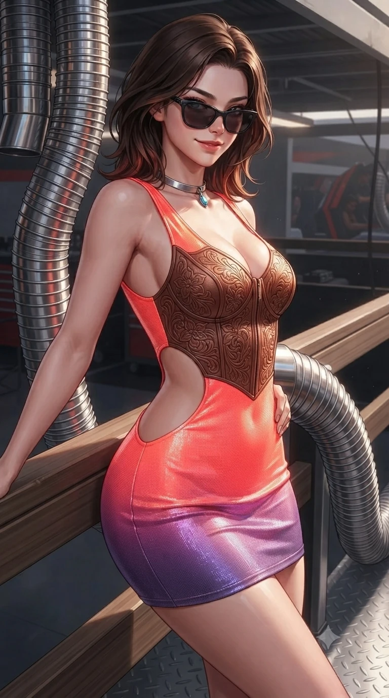 score_9, masterpiece, best quality, ultra-detailed, high-budget anime keyframe, editorial fashion photography, tasteful artistic composition, Korean woman. close-up cowboy shot from the waist and thighs up, the character dominates the composition, filling the frame with her large presence. leaning against the timber guardrail with hips cocked back, looking through dark sunglasses with an alluring, confident half-smile while twisting her slender torso in an alluring S-curve beside the stainless steel exhaust extraction tubes, metallic reflections tracing her flat midriff and curvy hips. The surrounding environment is rendered in vivid detail and crisp panoramic clarity: detailed leatherette corset bodice tailoring, western floral tooling, and high-performance racing setup in razor-sharp precision. She has an exceptionally elegant, slender, and willowy female figure with an ultra-slim waist, flat toned midriff, narrow ribcage, and sculpted feminine hips creating an alluring, slim hourglass silhouette without bulk. sharp v-shaped jawline, high-bridge nose, sparkling eyes with hypnotic seductive depth, thick curled eyelashes, glossy parted lips with a natural dewy peach sheen, alluring bedroom-eyes with an enchanting coquettish smile, exuding magnetic siren charisma and sophisticated glamour, flawlessly proportioned anatomical accuracy, strict slender model proportions, natural body alignment, perfectly sculpted long slender limbs, ultra-slim waistline, clean dynamic posture without body distortion. wearing a liquid metallic lamé one-piece swim dress clinging like a second skin with hip-high side cutouts in blazing neon coral and desert twilight violet, crafted from luxurious metallic lamé that shifts radiance with every step, finished with a minimalist chrome choker and a single turquoise stone pendant, the precision-cut side openings and low-back scoop framing her graceful spine and the sensual sweep of her slim, toned hips. illuminated by diamond-plate floor bounce and sharp copper-gold rim lights defining her razor-sharp jawline, narrow waist, and curvy hips. ultra-reflective glossy finish, specular highlights, rich textural contrasts, high-contrast stereoscopic depth, volumetric dynamic lighting, 2k, ultra detail, master piece, 9:16 ratio