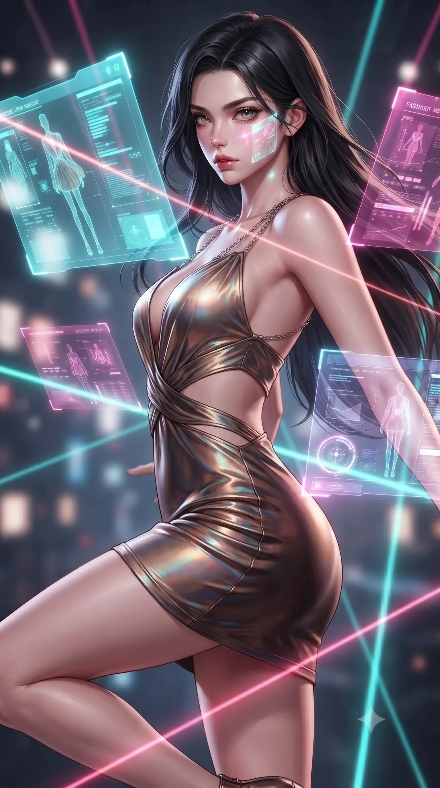 score_9, masterpiece, best quality, ultra-detailed, high-budget anime keyframe, editorial fashion photography, tasteful artistic composition, Korean woman. close-up cowboy shot from the waist and thighs up, the character dominates the composition, filling the frame with her large presence, background elements kept in soft focus. Pivoting sharply while looking back over her shoulder with heavy lashes and a confident, intense gaze while leaping across a grid of shifting laser beams while turning to gaze at the camera, translucent cyan and magenta holographic panels hovering dynamically around her. She has an exceptionally elegant, slender, and willowy female figure with an ultra-slim waist, a gracefully sculpted slender torso, and a refined silhouette. sharp v-shaped jawline, high-bridge nose, intricate jewel-like eyes with depth, thick eyelashes, glossy lips with a natural sheen, flawlessly proportioned anatomical accuracy, natural body alignment, perfectly sculpted elegant limbs, clean dynamic posture without body distortion. wearing a liquid mercury gloss mini dress with ultra-deep V-neck and waist cutouts in espresso brown and warm cream, crafted from iridescent chiffon that shifts colors in the light, adorned with delicate metallic chain straps along the neckline, the tailored fabric tightly following every curve of her athletic build. illuminated by radiant holographic displays and intense laser beam highlights. ultra-reflective glossy finish, specular highlights, metallic sheen, high-contrast stereoscopic depth, volumetric dynamic lighting, 2k, ultra detail, master piece, 9:16 ratio