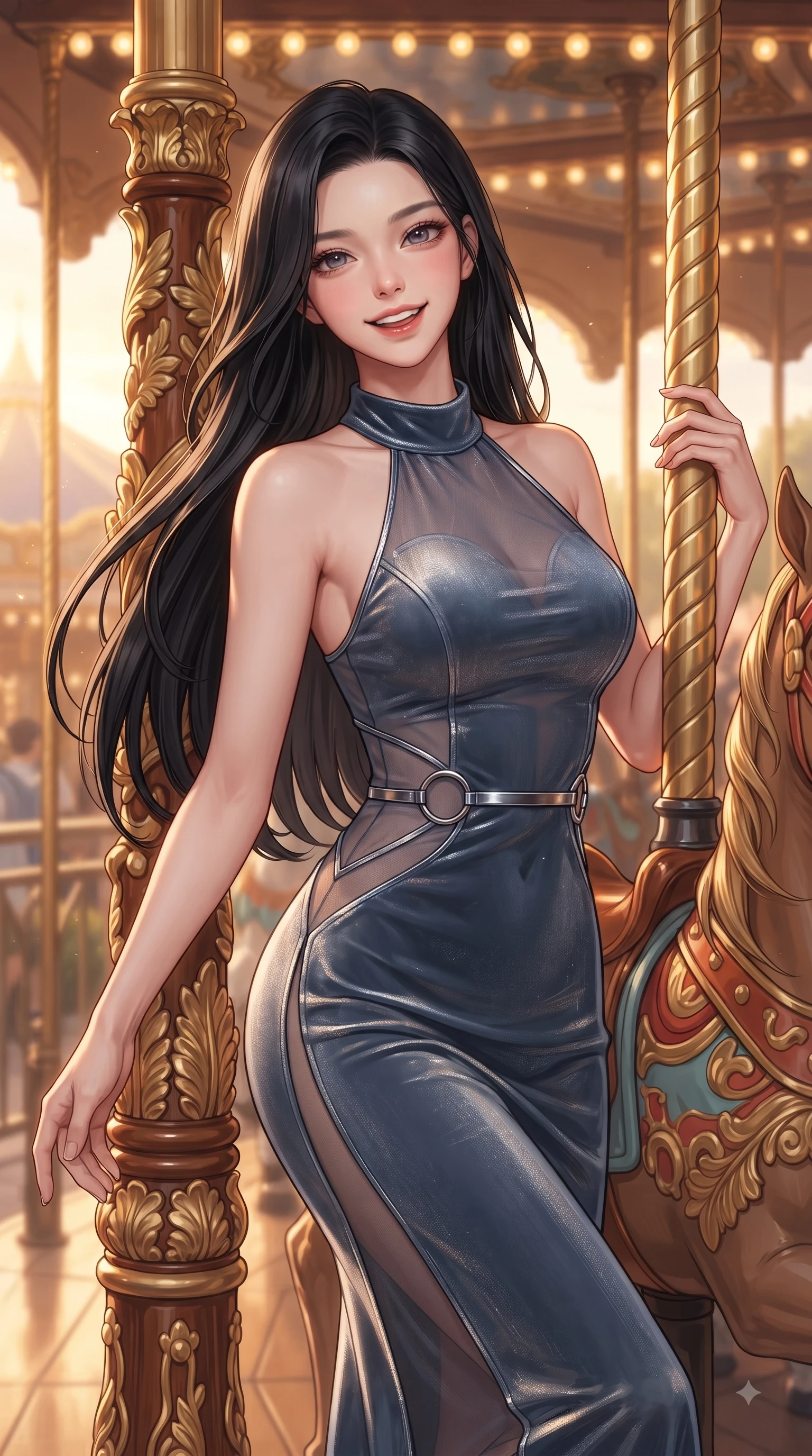 score_9, masterpiece, best quality, ultra-detailed, high-budget anime keyframe, editorial fashion photography, tasteful artistic composition, Korean woman. close-up cowboy shot from the waist and thighs up, the character dominates the composition, filling the frame with her large presence, background elements kept in soft focus. Cheerful beaming smile with parted lips, exuding pure enchanting charm while turning dynamically toward the camera while resting playfully against a carved carousel pillar as warm golden hour lamps trace her figure, golden hour sunbursts filtering through theme park structures in magical beams. She has an exceptionally elegant, slender, and willowy female figure with an ultra-slim waist, a gracefully sculpted slender torso, and a refined silhouette. sharp v-shaped jawline, high-bridge nose, intricate jewel-like eyes with depth, thick eyelashes, glossy lips with a natural sheen, flawlessly proportioned anatomical accuracy, natural body alignment, perfectly sculpted elegant limbs, clean dynamic posture without body distortion. wearing a velvet halter-neck midi dress following her form like a glove in slate blue and metallic silver, woven from fine semi-opaque sheer organza, accented with delicate chrome ring hardware framing her waist, the sleek second-skin texture accentuating her magnetic presence. bathed in glorious golden hour sunbeams and warm amber carousel lamp radiance. ultra-reflective glossy finish, specular highlights, metallic sheen, high-contrast stereoscopic depth, volumetric dynamic lighting, 2k, ultra detail, master piece, 9:16 ratio