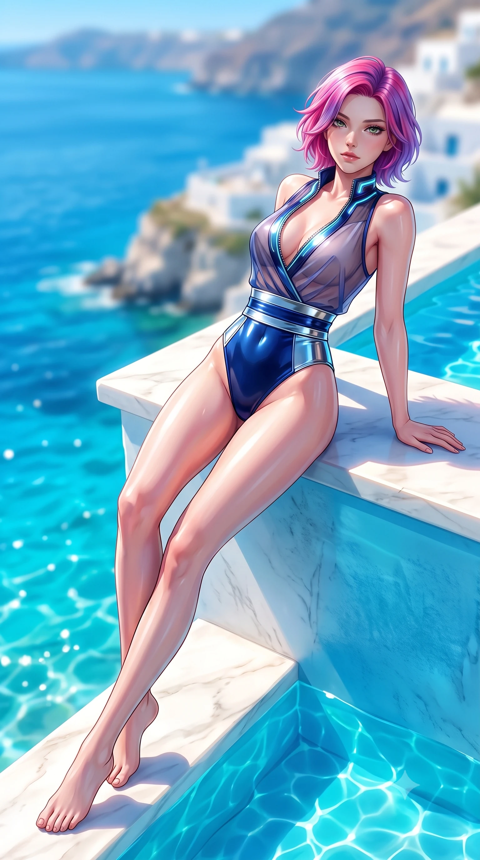 score_9, masterpiece, best quality, ultra-detailed, high-budget anime keyframe, semi-realistic 3D game render, editorial fashion photography, tasteful artistic composition, Caucasian woman. low angle full-body shot from head to toe showing her feet, filling the entire 9:16 vertical frame with her statuesque presence, stretching her vertical silhouette. arching her back in a fluid zero-gravity turn with sovereign grace, her long slender legs and sculpted torso creating a sweeping line while reclining gracefully on a sun-bleached white marble ledge of an infinity pool overlooking the vibrant azure Aegean Sea. The composition keeps background elements in soft focus with creamy bokeh. sparkling turquoise sea waves and white cliffside architecture blurred into creamy, sun-drenched azure bokeh. She has an absolutely perfect, statuesque 8.5-heads proportion, an exceptionally tall and slender model-like female figure with impossibly long slender legs, a toned flat midriff, and an ultra-slim waist. sharp v-shaped jawline, high-bridge nose, intricate jewel-like eyes with depth, thick eyelashes, glossy lips with a natural sheen, flawlessly proportioned anatomical accuracy, strict slender model proportions, natural body alignment, perfectly sculpted long slender limbs, ultra-slim waistline, clean dynamic posture without body distortion. wearing a shortened cyber-fusion wrap top with transparent chiffon panels, a deep crossover neckline, and a high-waisted metallic sash that accentuates her ultra-slim waist in deep royal navy blue and specular chrome, crafted from ultra-reflective second-skin latex with a high-gloss glass-like polish, featuring a dangerously unzipped neckline framed by glowing cybernetic accents, the glove-like aerodynamic second-skin fit tightly clinging to her ultra-slender waist and athletic curves without adding bulk, accentuating her razor-sharp statuesque lines and slim hourglass silhouette. bathed in brilliant Mediterranean sunlight and glittering turquoise pool water caustics. highly saturated vibrant anime colors, detailed shading with soft gradients, rich glossy textures, high-contrast stereoscopic depth, volumetric dynamic lighting, master piece, 9:16 ratio