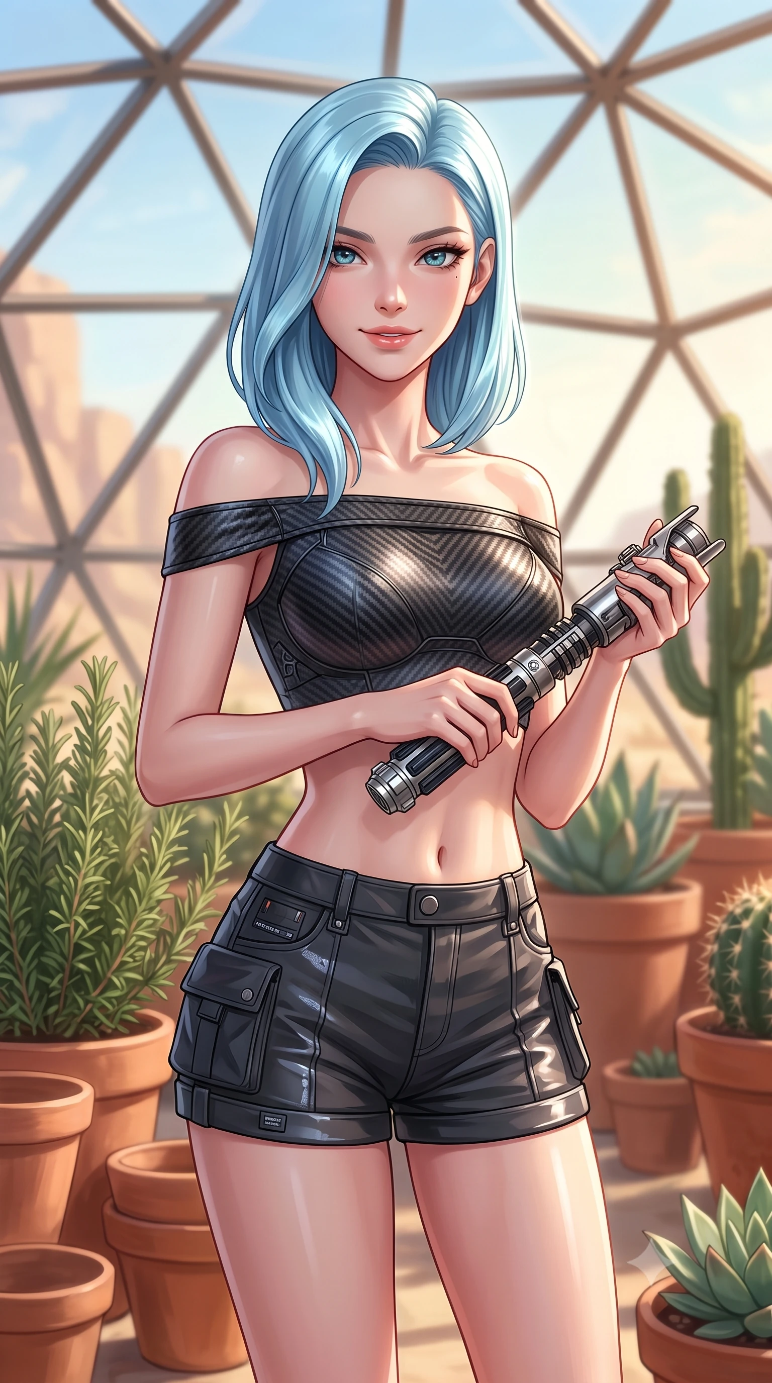 score_9, masterpiece, best quality, ultra-detailed, high-budget anime keyframe, editorial fashion photography, tasteful artistic composition, Korean woman. close-up cowboy shot from the waist and thighs up, the character dominates the composition, filling the frame with her large presence, background elements kept in soft focus. leaning slightly forward with a playful, teasing smile while holding a deactivated plasma saber hilt, the background shows a soft-focus a desert greenhouse dome, surrounded by terracotta pots, rosemary, and cacti. She has an exceptionally elegant, slender, and willowy female figure with an ultra-slim waist, a gracefully sculpted slender torso, and a refined silhouette. sharp v-shaped jawline, high-bridge nose, intricate jewel-like eyes with depth, thick eyelashes, glossy lips with a natural sheen. wearing a slim-fit chic off-shoulder carbon-plate crop top, paired with high-waisted utility micro-shorts. warm, diffused daylight creating a quiet and productive mood. highly saturated vibrant anime colors, detailed shading with soft gradients, rich glossy textures, high-contrast stereoscopic depth, volumetric dynamic lighting, master piece, 9:16 ratio