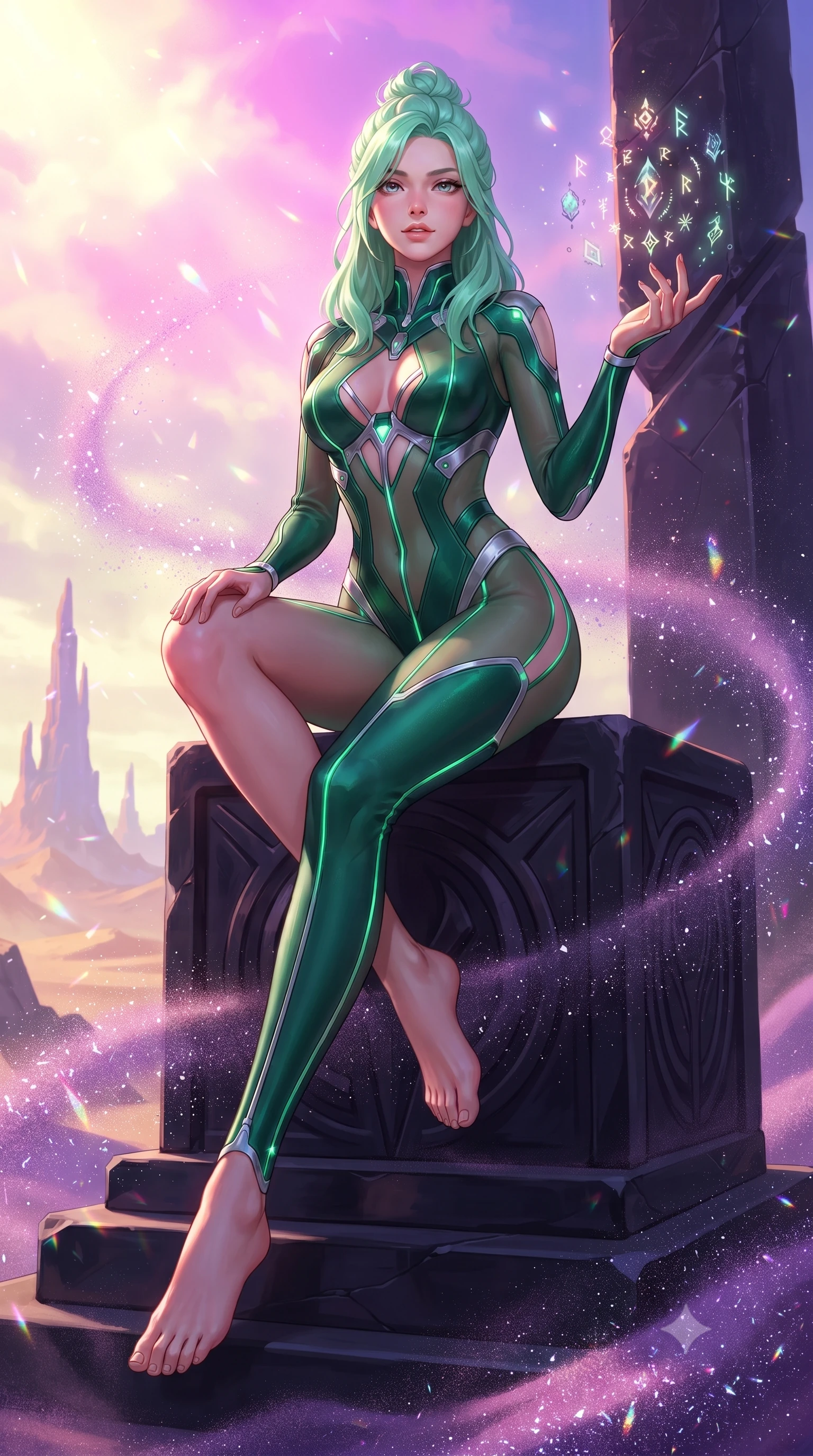 score_9, masterpiece, best quality, ultra-detailed, high-budget anime keyframe, editorial fashion photography, tasteful artistic composition, Japanese woman. low angle full-body shot from head to toe showing her feet, filling the entire 9:16 vertical frame with her statuesque presence, stretching her vertical silhouette. interacting gracefully with the magical floating elements while maintaining a confident posture resting on a carved obsidian monument in a surreal desert sanctuary, swirling gusts of fine purple crystal sand shimmering like diamond dust. She has an absolutely perfect, statuesque 8.5-heads proportion, an exceptionally tall and slender model-like female figure with impossibly long slender legs and an ultra-slim waist. sharp v-shaped jawline, high-bridge nose, intricate jewel-like eyes with depth, thick eyelashes, glossy lips with a natural sheen. wearing a skin-tight cybernetic bodysuit with glowing neon seams and side cutouts in deep emerald green and silver accent, woven from fine semi-opaque sheer organza, featuring clean architectural cutouts along her slender torso, the elegant draped fit framing her graceful clavicle and slender torso. bathed in radiant magenta and gold sky glow with sharp mineral speculars. highly saturated vibrant anime colors, detailed shading with soft gradients, rich glossy textures, high-contrast stereoscopic depth, volumetric dynamic lighting, master piece, 9:16 ratio