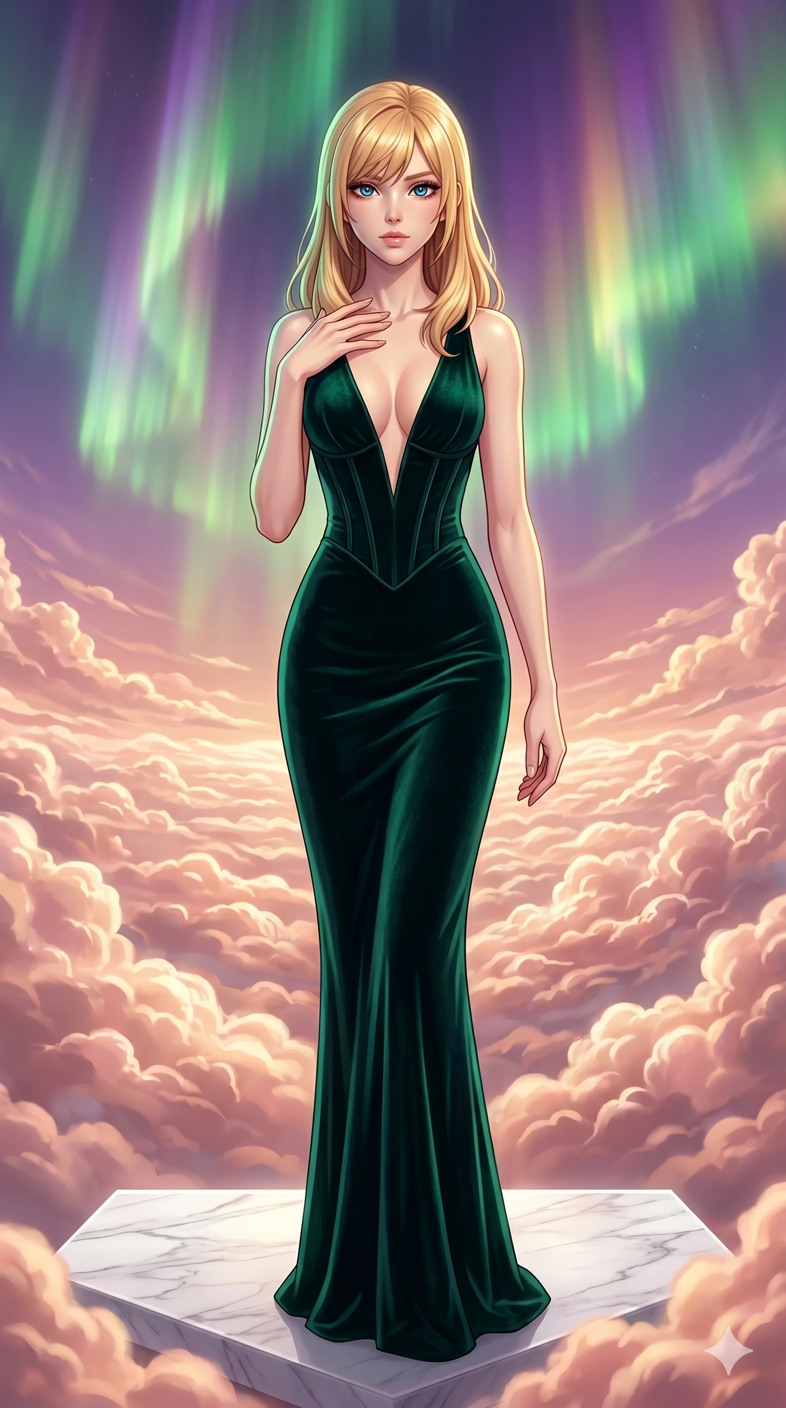 score_9, masterpiece, best quality, ultra-detailed, high-budget anime keyframe, editorial fashion photography, tasteful artistic composition, Caucasian woman, strictly human ears. cowboy shot from the thighs up, character and outfit filling the frame for maximum editorial presence. Pressing one hand lightly to her collarbone in a composed gesture atop a floating white marble terrace above a sea of luminous rose-gold clouds. She has an absolutely perfect 8-heads proportion, an exceptionally tall and slender female figure with impossibly long slender legs and an ultra-slim waist. V-shaped jawline, high-bridge nose, intricate jewel-like eyes with depth, thick eyelashes, glossy lips with a natural sheen. wearing a midnight emerald velvet form-contouring evening gown with a plunging V-neckline extending to the navel, a sculpted boned bodice, and a sleek floor-sweeping column silhouette. illuminated by a shifting aurora palette of green, violet, and gold from above, wrapping her in color. 2k, ultra detail, master piece, 9:16 ratio