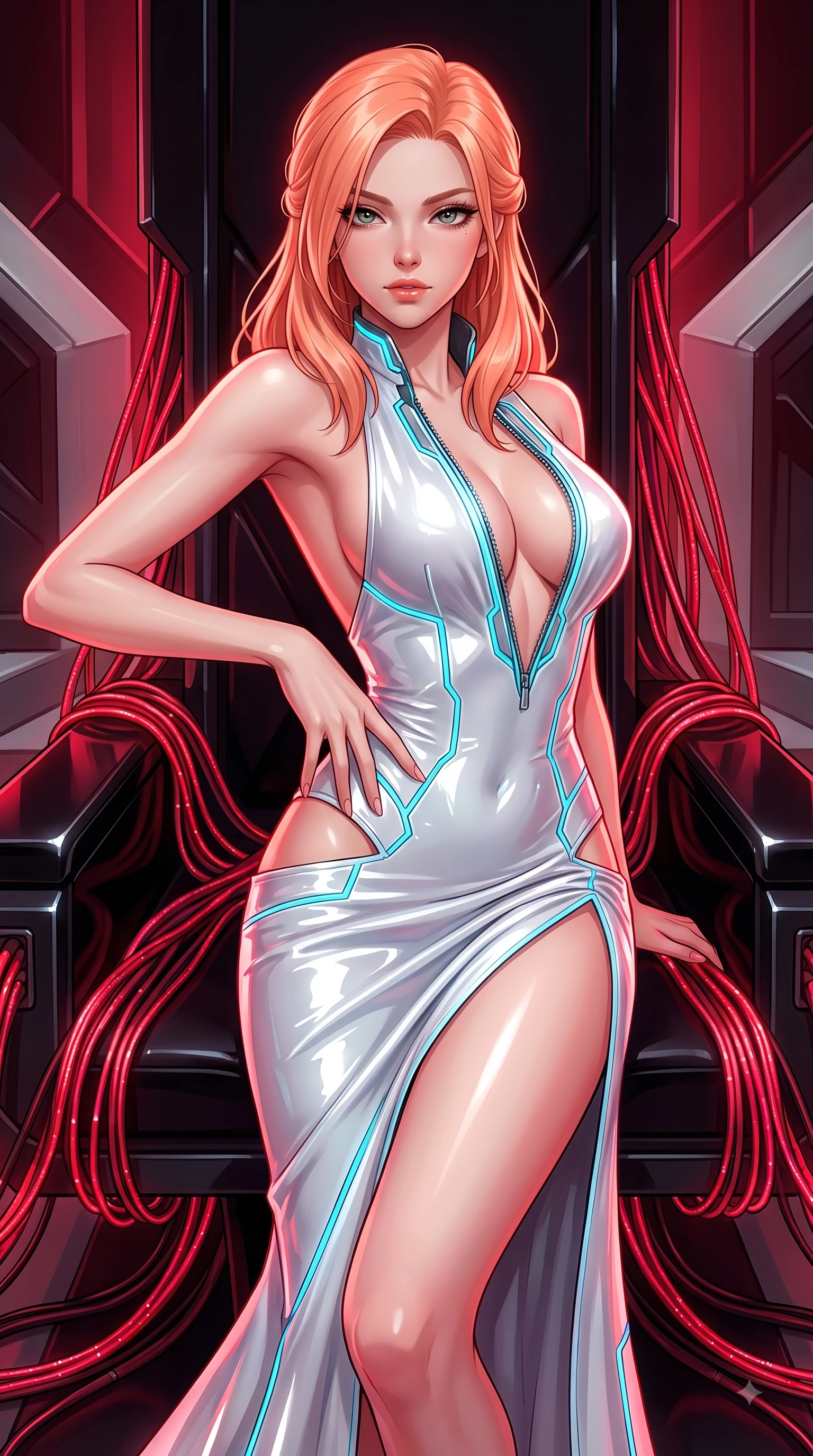 score_9, masterpiece, best quality, ultra-detailed, high-budget anime keyframe, semi-realistic 3D game render, editorial fashion photography, tasteful artistic composition, Japanese woman. close-up cowboy shot from the waist and thighs up, the character dominates the composition, filling the frame with her large presence. twisting her upper body in a dynamic S-curve with an alluring smolder, one hand trailing along her slender waist while lounging seductively across an elevated obsidian throne flanked by pulsating crimson fiber-optic cables. The surrounding environment is rendered in vivid detail and crisp panoramic clarity. rich high-contrast cybernetic throne room architecture captured with environmental sharpness. She has an exceptionally elegant, slender, and willowy female figure with an ultra-slim waist, a gracefully sculpted slender torso, and a refined silhouette. sharp v-shaped jawline, high-bridge nose, intricate jewel-like eyes with depth, thick eyelashes, glossy lips with a natural sheen, flawlessly proportioned anatomical accuracy, natural body alignment, perfectly sculpted elegant limbs, clean dynamic posture without body distortion. wearing a backless crushed velvet gown with a deep V-neckline, strategic hip cutouts, and an ultra-high thigh slit in pure snow white latex and glowing cyan circuit seams, formed from high-gloss patent material with specular light reflections, featuring a dangerously unzipped neckline framed by glowing cybernetic accents, the form-contouring second-skin material highlighting her ultra-slim waist and long lines. illuminated by deep ruby red ambient glow and crisp silver specular highlights. highly saturated vibrant anime colors, detailed shading with soft gradients, rich glossy textures, high-contrast stereoscopic depth, volumetric dynamic lighting, master piece, 9:16 ratio