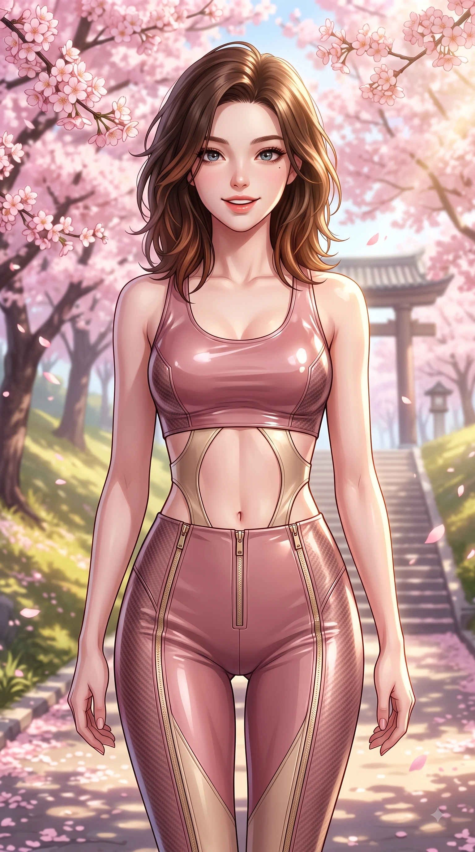 score_9, masterpiece, best quality, ultra-detailed, high-budget anime keyframe, editorial fashion photography, tasteful artistic composition, Korean woman. close-up cowboy shot from the waist and thighs up, the character dominates the composition, filling the frame with her large presence, background elements kept in soft focus. Playful cute expression with a warm smile and parted lips, looking right into the camera with vibrant energy while walking up a sunlit hill path lined with blooming cherry trees toward a traditional academy gate, dense canopies of pink cherry blossoms fluttering in a gentle spring morning breeze. She has an exceptionally elegant, slender, and willowy female figure with an ultra-slim waist, a gracefully sculpted slender torso, and a refined silhouette. sharp v-shaped jawline, high-bridge nose, intricate jewel-like eyes with depth, thick eyelashes, glossy lips with a natural sheen, flawlessly proportioned anatomical accuracy, natural body alignment, perfectly sculpted elegant limbs, clean dynamic posture without body distortion. wearing a glossy vinyl crop top and high-waist tailored leggings with sleek zippers in dusty rose and champagne gold, made of fine carbon-fiber weave and soft matte leather, featuring clean architectural cutouts along her slender torso, the sleek second-skin texture accentuating her magnetic presence. bathed in bright morning sunbeams and warm golden sakura backlighting. highly saturated vibrant anime colors, detailed shading with soft gradients, rich glossy textures, high-contrast stereoscopic depth, volumetric dynamic lighting, master piece, 9:16 ratio