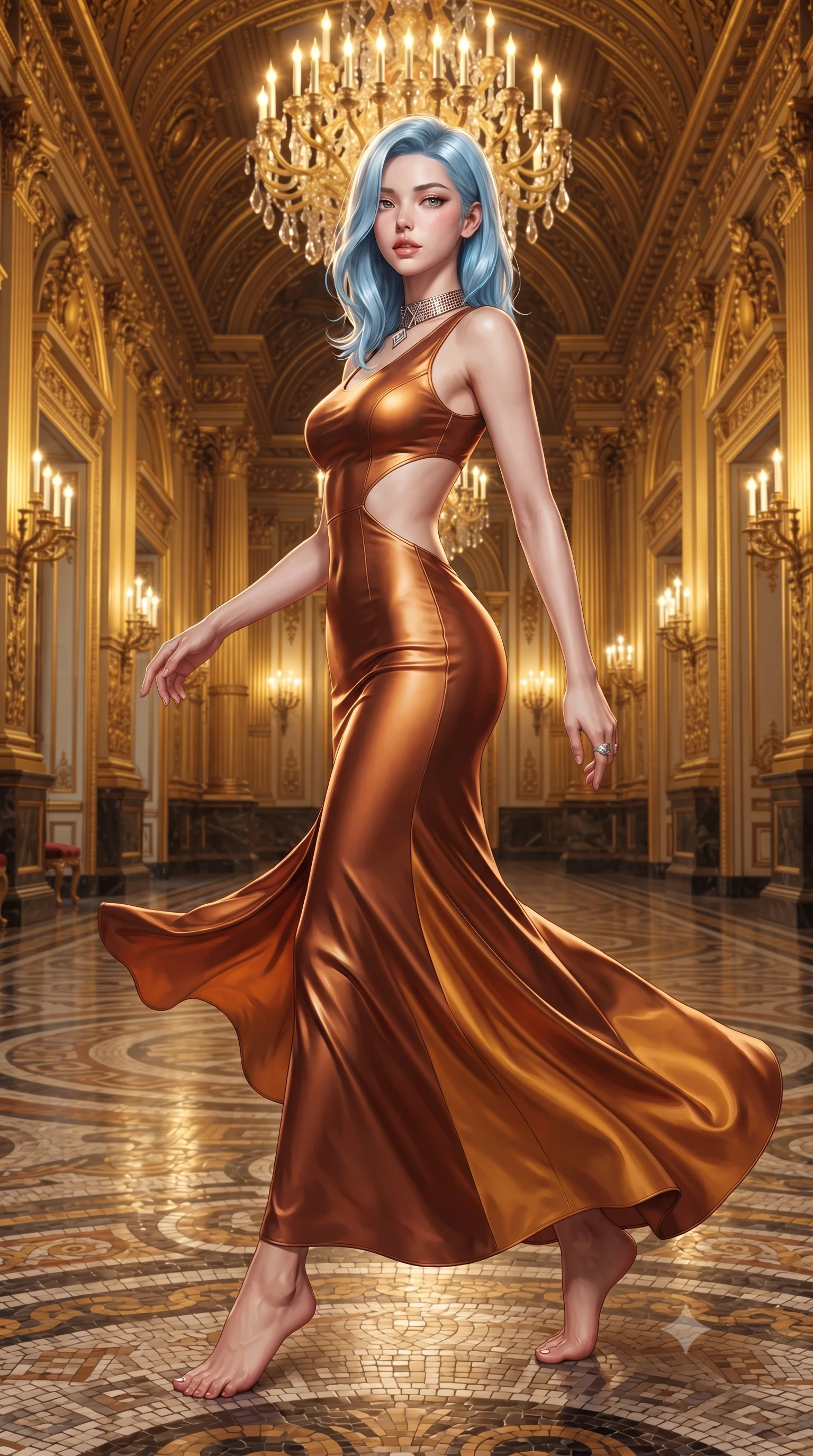 score_9, masterpiece, best quality, ultra-detailed, high-budget anime keyframe, editorial fashion photography, tasteful artistic composition, Korean woman. low angle full-body shot from head to toe showing her feet, filling the entire 9:16 vertical frame with her statuesque presence, stretching her vertical silhouette. executing an elegant mid-motion pivot turn as garments swirl around her slender limbs, glancing over her shoulder with an intoxicating bedroom-gaze while striding down the monumental gilded opera gallery with sovereign supermodel poise, hips swaying in an alluring rhythm that accentuates her curvy silhouette. The surrounding environment is rendered in vivid detail and crisp panoramic clarity. sharp gold-leaf leaf carvings, polished mosaic floor patterns, and cut-crystal chandelier facets in deep focus. She has an exceptionally tall and slender model-like 8.5-heads proportion, an ultra-slim waist, a flat toned midriff, narrow delicate ribcage, and beautifully sculpted feminine hips creating a graceful, slim hourglass silhouette without any bulky heaviness, with impossibly long slender legs. sharp v-shaped jawline, high-bridge nose, intricate jewel-like eyes with depth, thick eyelashes, glossy parted lips with a natural sheen, intensely captivating and seductive bedroom-eyes expression, flawlessly proportioned anatomical accuracy, strict slender model proportions, natural body alignment, perfectly sculpted long slender limbs, ultra-slim waistline, clean dynamic posture without body distortion. wearing a sculptured liquid-satin mermaid gown with an architectural open-waist cutout and bare spine in rich copper bronze and warm amber, formed from supple second-skin lambskin leather with specular sheen, complemented by a bold geometric choker and sparkling cocktail ring, the liquid-tight tailored fabric clinging flawlessly to her narrow waist and rounded feminine hips, emphasizing every millimeter of her sculpted slim hourglass curves without any bulky heaviness. bathed in opulent golden crystal chandelier downlights contrasting with warm velvet bounce fill. ultra-reflective glossy finish, specular highlights, rich textural contrasts, high-contrast stereoscopic depth, volumetric dynamic lighting, 2k, ultra detail, master piece, 9:16 ratio