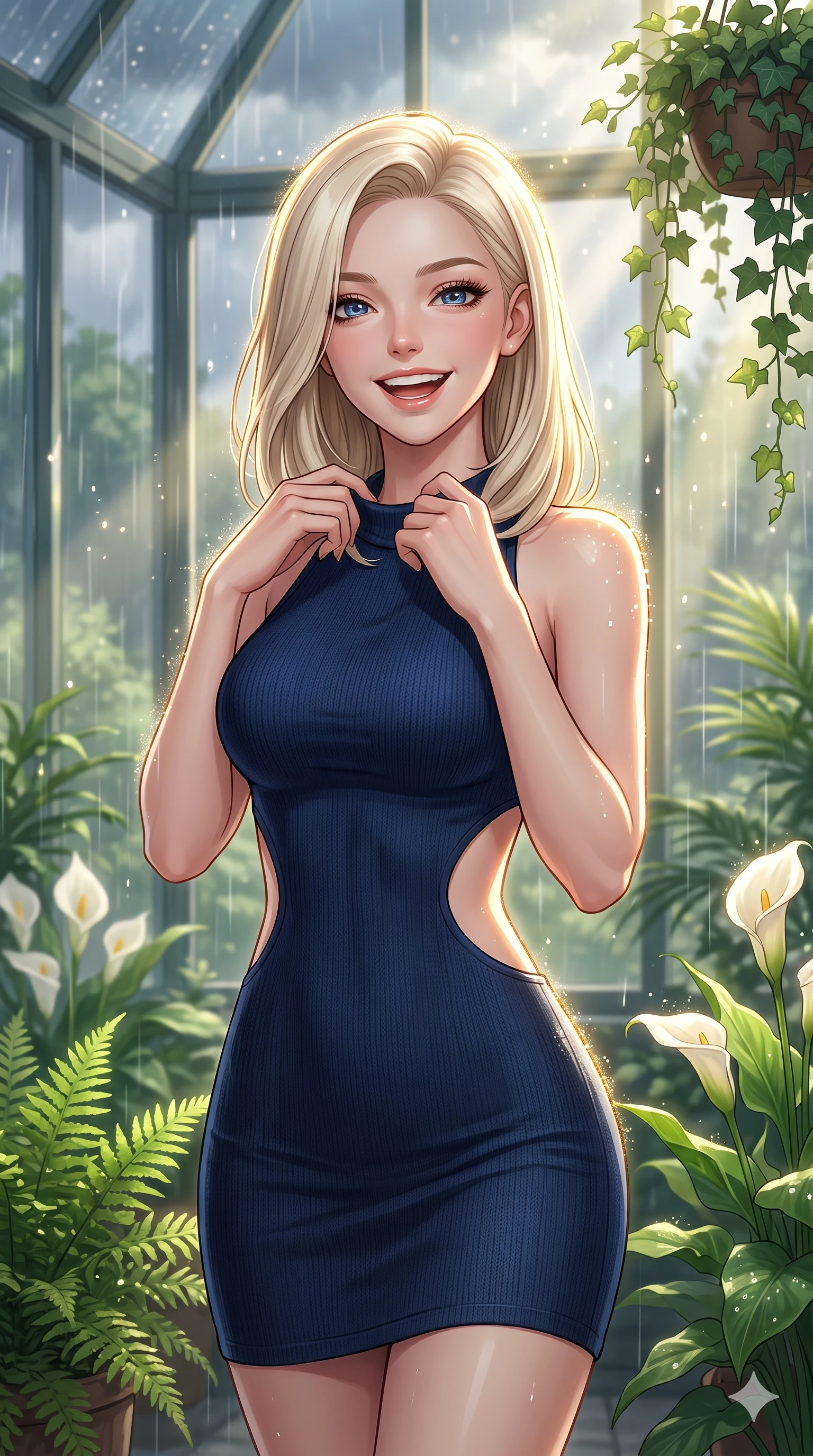 score_9, masterpiece, best quality, ultra-detailed, high-budget anime keyframe, vibrant anime aesthetic, Caucasian woman, strictly human ears. close-up cowboy shot from the waist and thighs up, the character dominates the composition, filling the frame with her large presence, background elements kept in soft focus. She is laughing cheerfully while adjusting her collar in the soft drizzle, with a warm and inviting look standing amidst vibrant green ferns. inside a sunlit plant conservatory filled with white calla lilies and hanging ivy, as sunbeams pierce through storm clouds (Code-P22-099). She has an absolutely perfect proportion, an exceptionally elegant and slender female figure with an ultra-slim waist. V-shaped jawline, high-bridge nose, intricate jewel-like eyes with depth, thick eyelashes, glossy lips with a natural sheen. wearing a bodycon knit dress with an elegant side panel cut-out in midnight blue. She is lit by sparkling rain droplets reflecting the morning sun, creating a glowing halo, tracing the elegant lines of her shoulders inside the glass pavilion. 2k, ultra detail, master piece, 9:16 ratio