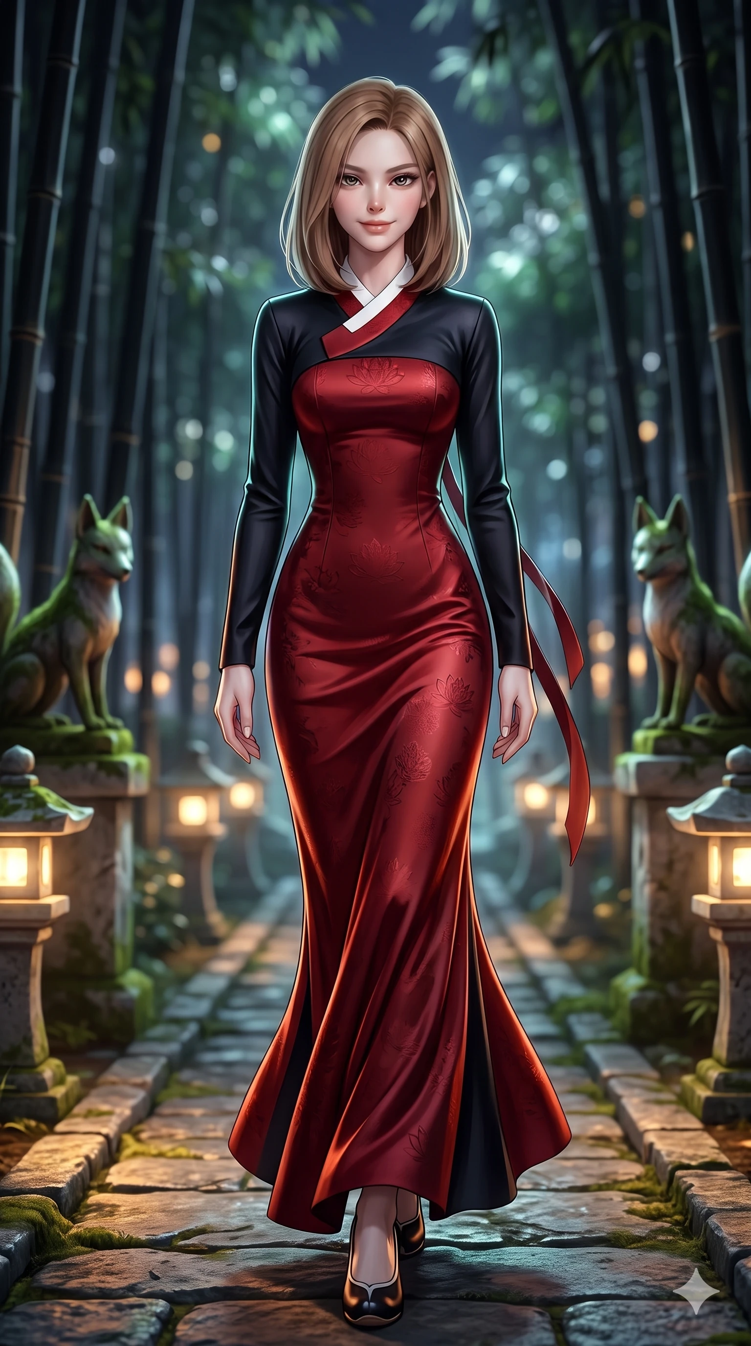 score_9, masterpiece, best quality, ultra-detailed, high-budget anime keyframe, semi-realistic 3D game render, editorial fashion photography, tasteful artistic composition, Korean woman. low angle full-body shot from head to toe showing her feet, filling the entire 9:16 vertical frame with her statuesque presence, stretching her vertical silhouette. stepping forward in a confident stride, her long slender legs and curvaceous hips creating a dynamic, sweeping vertical line while stepping forward along the stone path with hypnotic grace, hips swaying in an alluring sensual rhythm that accentuates her curvy silhouette. The background shows a soft-focus towering black bamboo stalks, moss-covered kitsune fox statues, and stone pathway lanterns blurred into jade, silver, and slate bokeh. She has an absolutely perfect, statuesque 8.5-heads proportion, an exceptionally tall and slender model-like female figure with impossibly long slender legs, an ultra-slim waist, a flat toned midriff, narrow delicate ribcage, and beautifully sculpted feminine hips creating a graceful, slim hourglass silhouette without any bulky heaviness. sharp v-shaped jawline, high-bridge nose, sparkling eyes with hypnotic seductive depth, thick curled eyelashes, glossy parted lips with a natural dewy peach sheen, alluring bedroom-eyes with an enchanting coquettish smile, exuding magnetic siren charisma and sophisticated glamour, flawlessly proportioned anatomical accuracy, strict slender model proportions, natural body alignment, perfectly sculpted long slender limbs, ultra-slim waistline, clean dynamic posture without body distortion. wearing a tailored silk faille evening gown with traditional curved dongjeong collar and tailored sleeves in midnight obsidian black and rich cinnabar red, tailored from rich silk jacquard with subtle embossed lotus blossom patterns, finished with long silk ribbon ties fluttering down her bare spine from a backless halter, the impeccably tailored cut draping gracefully along her slender figure with aristocratic eastern poise. illuminated by ground stone bounce and sharp silver-jade rim lights sculpting her razor-sharp jawline, narrow waist, and curvy hips. highly saturated vibrant anime colors, detailed shading with soft gradients, rich glossy textures, high-contrast stereoscopic depth, volumetric dynamic lighting, master piece, 9:16 ratio