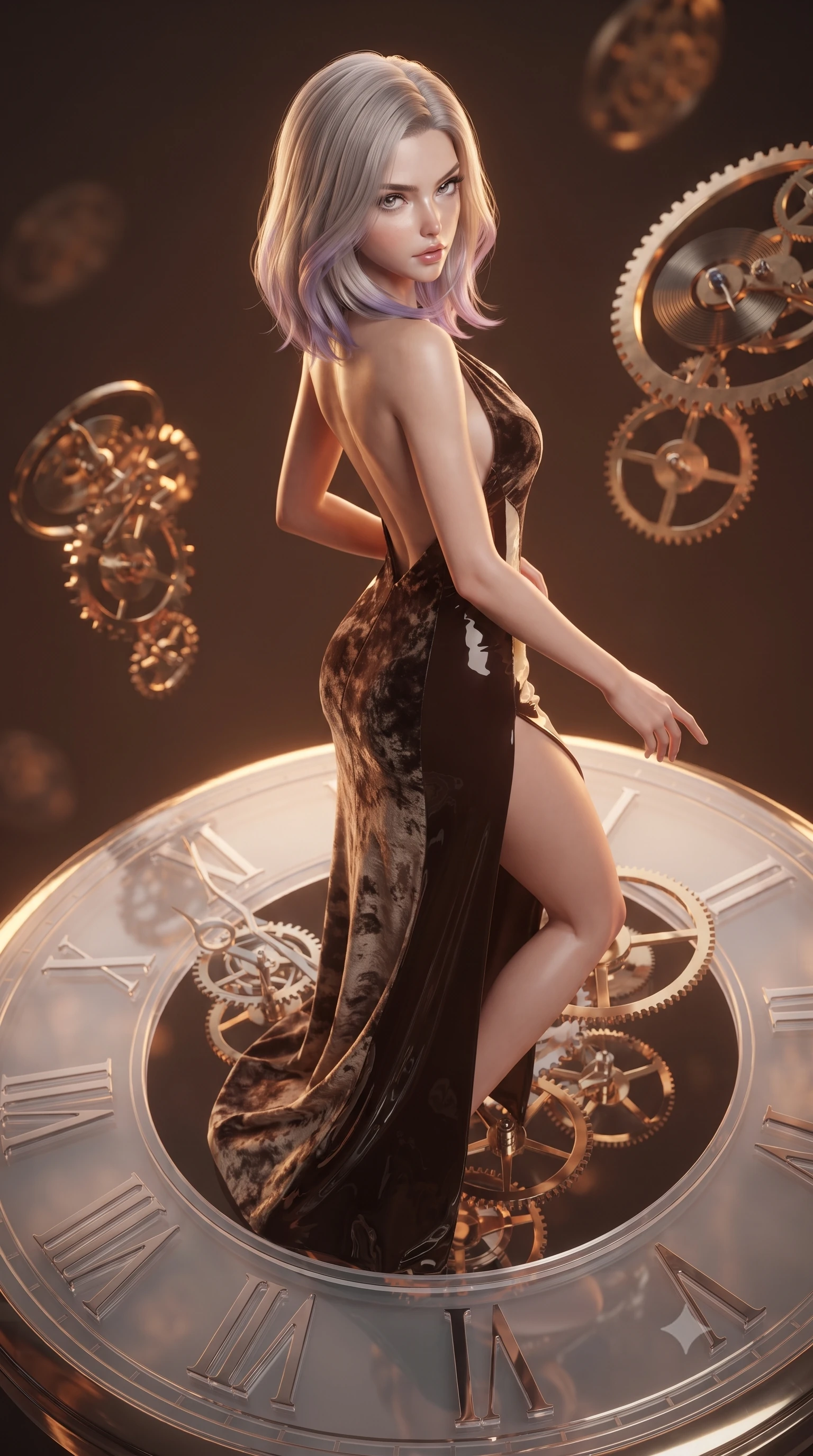 score_9, masterpiece, best quality, ultra-detailed, high-budget anime keyframe, editorial fashion photography, tasteful artistic composition, Caucasian woman. close-up cowboy shot from the waist and thighs up, the character dominates the composition, filling the frame with her large presence, background elements kept in soft focus. Pivoting sharply while looking back over her shoulder with heavy lashes and a confident, intense gaze while balancing dynamically on a giant translucent Roman numeral clock dial in mid-air, floating brass gears and clocksprings casting intricate metallic reflections. She has an exceptionally elegant, slender, and willowy female figure with an ultra-slim waist, a gracefully sculpted slender torso, and a refined silhouette. sharp v-shaped jawline, high-bridge nose, intricate jewel-like eyes with depth, thick eyelashes, glossy lips with a natural sheen, flawlessly proportioned anatomical accuracy, natural body alignment, perfectly sculpted elegant limbs, clean dynamic posture without body distortion. wearing a backless crushed velvet gown with a deep V-neckline and high thigh slit in espresso brown and warm cream, tailored from high-gloss patent leather, accented with a Tasteful chest slit framing her clavicle gracefully, the elegant draped fit framing her graceful clavicle and slender torso. bathed in warm twilight amber backlighting and rich metallic specular glow. ultra-reflective glossy finish, specular highlights, metallic sheen, high-contrast stereoscopic depth, volumetric dynamic lighting, 2k, ultra detail, master piece, 9:16 ratio