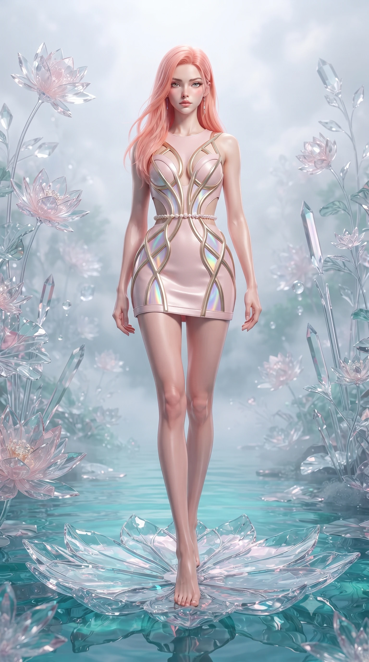 score_9, masterpiece, best quality, ultra-detailed, high-budget anime keyframe, editorial fashion photography, tasteful artistic composition, Japanese woman. low angle full-body shot from head to toe showing her feet, filling the entire 9:16 vertical frame with her statuesque presence, stretching her vertical silhouette. forging confidently through the floating crystal mist, holding a poised statuesque stance, poised on a giant crystal lotus leaf in a mirror-still opal pond, graceful botanical framing around her tall statuesque posture. She has an absolutely perfect, statuesque 8.5-heads proportion, an exceptionally tall and slender model-like female figure with impossibly long slender legs and an ultra-slim waist. sharp v-shaped jawline, high-bridge nose, intricate jewel-like eyes with depth, thick eyelashes, glossy lips with a natural sheen. wearing architectural cut-out pale pink leather mini dress with sculpted gold boning in radiant platinum, made of iridescent hologram organza, adorned with minimalist pearl hardware framing the waistline, accentuating her gracefully sculpted slender torso. bathed in serene turquoise water reflections and bright pastel highlights. ultra-reflective glossy finish, specular highlights, metallic sheen, high-contrast stereoscopic depth, volumetric dynamic lighting, 2k, ultra detail, master piece, 9:16 ratio