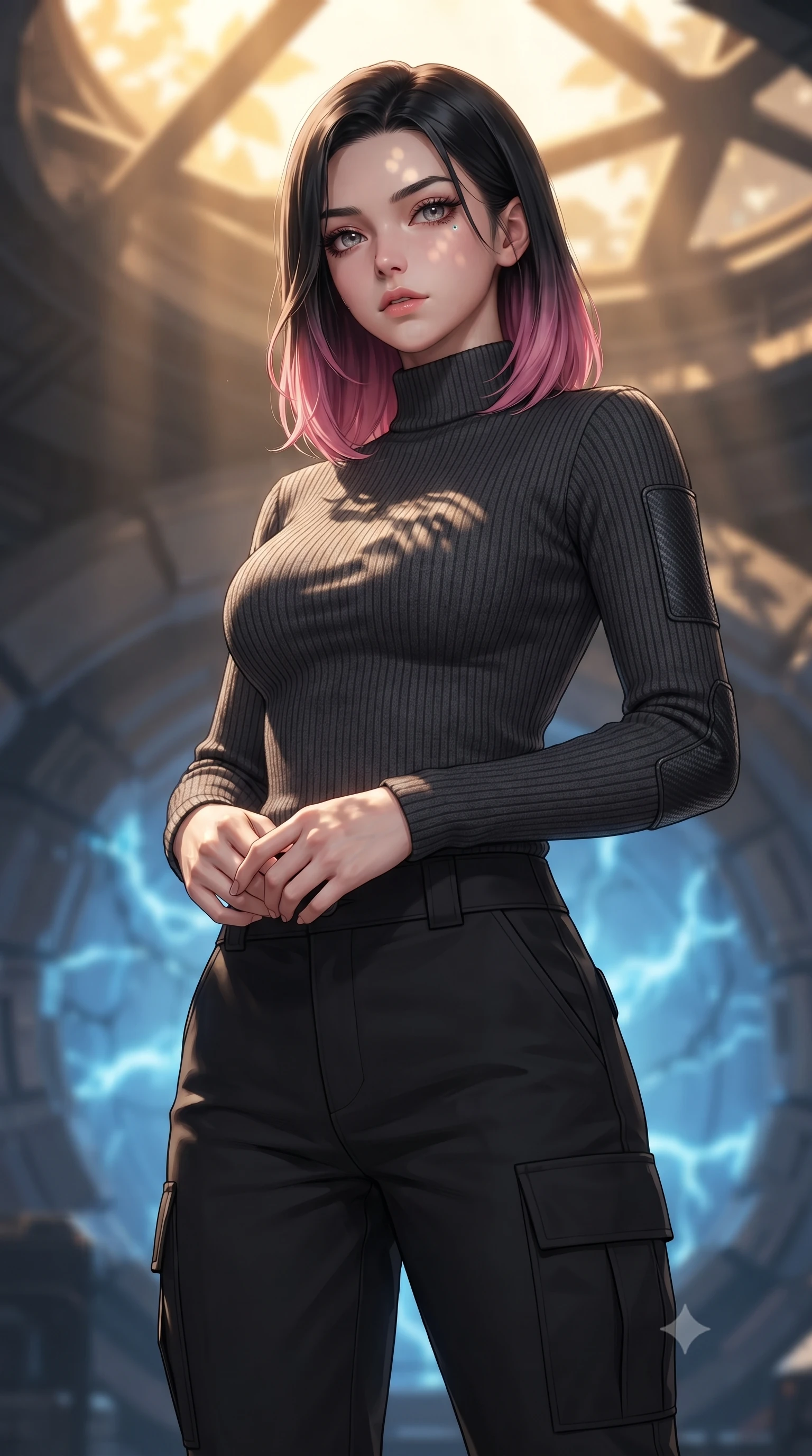score_9, masterpiece, best quality, ultra-detailed, high-budget anime keyframe, editorial fashion photography, tasteful artistic composition, realistic cosplay photography, Korean woman. close-up cowboy shot from the waist and thighs up, the character dominates the composition, filling the frame with her large presence, background elements kept in soft focus. Standing proud on the bridge, looking down at the viewer with quiet authority and a cold composure. set against a soft-focus background of the core chamber of a starship during a reactor overload, blue plasma venting from cracked generator rings. She has an exceptionally elegant and slender, willowy female figure with an ultra-slim waist, a gracefully sculpted slender torso, and a refined slim physique. sharp v-shaped jawline, high-bridge nose, intricate jewel-like eyes with depth, thick eyelashes, glossy lips with a natural sheen. wearing tailored for maximum mobility, sleek form-contouring panels that allow fluid movement, a slim-fit high-neck cyber-tactical sweater in ribbed charcoal wool with carbon-fiber elbow patches, paired with black tailored cargo trousers. warm golden afternoon sunbeams casting soft organic leaf shadows across her skin. ultra-reflective glossy finish, specular highlights, metallic sheen, high-contrast stereoscopic depth, volumetric dynamic lighting, 2k, ultra detail, master piece, 9:16 ratio