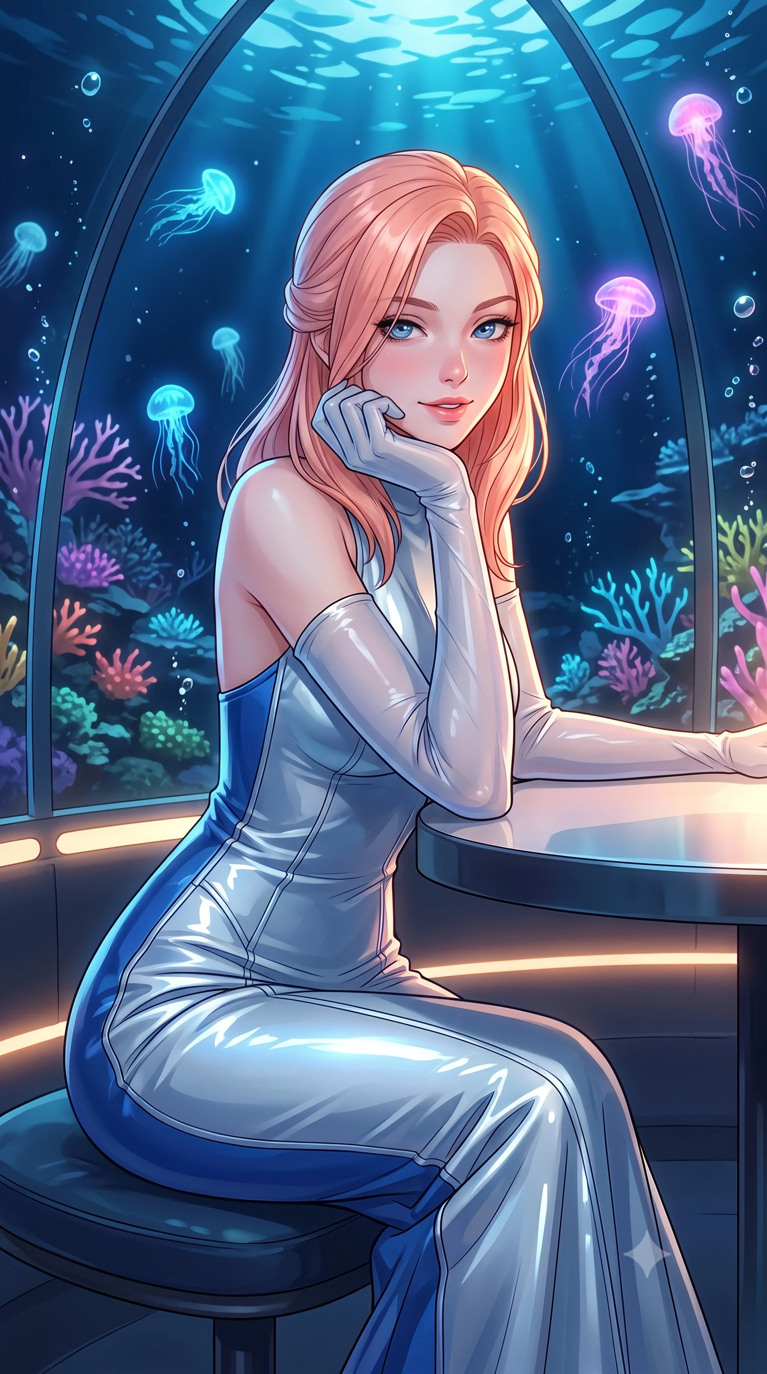 score_9, masterpiece, best quality, ultra-detailed, high-budget anime keyframe, editorial fashion photography, tasteful artistic composition, Japanese woman. close-up cowboy shot from the waist and thighs up, the character dominates the composition, filling the frame with her large presence. resting one elbow on the table and supporting her chin, leaning close to the camera with heavy-lidded sparkling eyes and parted lips while leaning against the panoramic domed acrylic wall with hips cocked back, watching luminescent neon jellyfish pulse through coral branches with smoldering bedroom-eyes. The surrounding environment is rendered in vivid detail and crisp panoramic clarity: detailed outfit textures, second-skin fit, and world-class underwater pavilion design in high resolution. She has an exceptionally elegant, slender, and willowy female figure with an ultra-slim waist, flat toned midriff, narrow ribcage, and sculpted feminine hips creating an alluring, slim hourglass silhouette without bulk. sharp v-shaped jawline, high-bridge nose, intricate jewel-like sparkling eyes with depth, thick eyelashes, glossy parted lips with a natural peach sheen, bright cheerful beaming smile with an enchanting and coquettish sensual glint, exuding both youthful cute charm and seductive allure, flawlessly proportioned anatomical accuracy, strict slender model proportions, natural body alignment, perfectly sculpted long slender limbs, ultra-slim waistline, clean dynamic posture without body distortion. wearing a sculpted second-skin neoprene column gown with subtle architectural seam lines accentuating her curves in Shackleton lunar ice silver and Earthrise cobalt, tailored from high-gloss patent leather with mirror-like specular highlights, complemented by sheer opera-length evening gloves tracing her slender arms, the second-skin tailored fabric adhering flawlessly to her sculpted flat midriff and slender torso, emphasizing her long leg lines and perfectly proportioned willowy build. bathed in the glowing natural fluorescence of deep corals combined with warm 2500K interior recessed cove lighting. ultra-reflective glossy finish, specular highlights, rich textural contrasts, high-contrast stereoscopic depth, volumetric dynamic lighting, 2k, ultra detail, master piece, 9:16 ratio