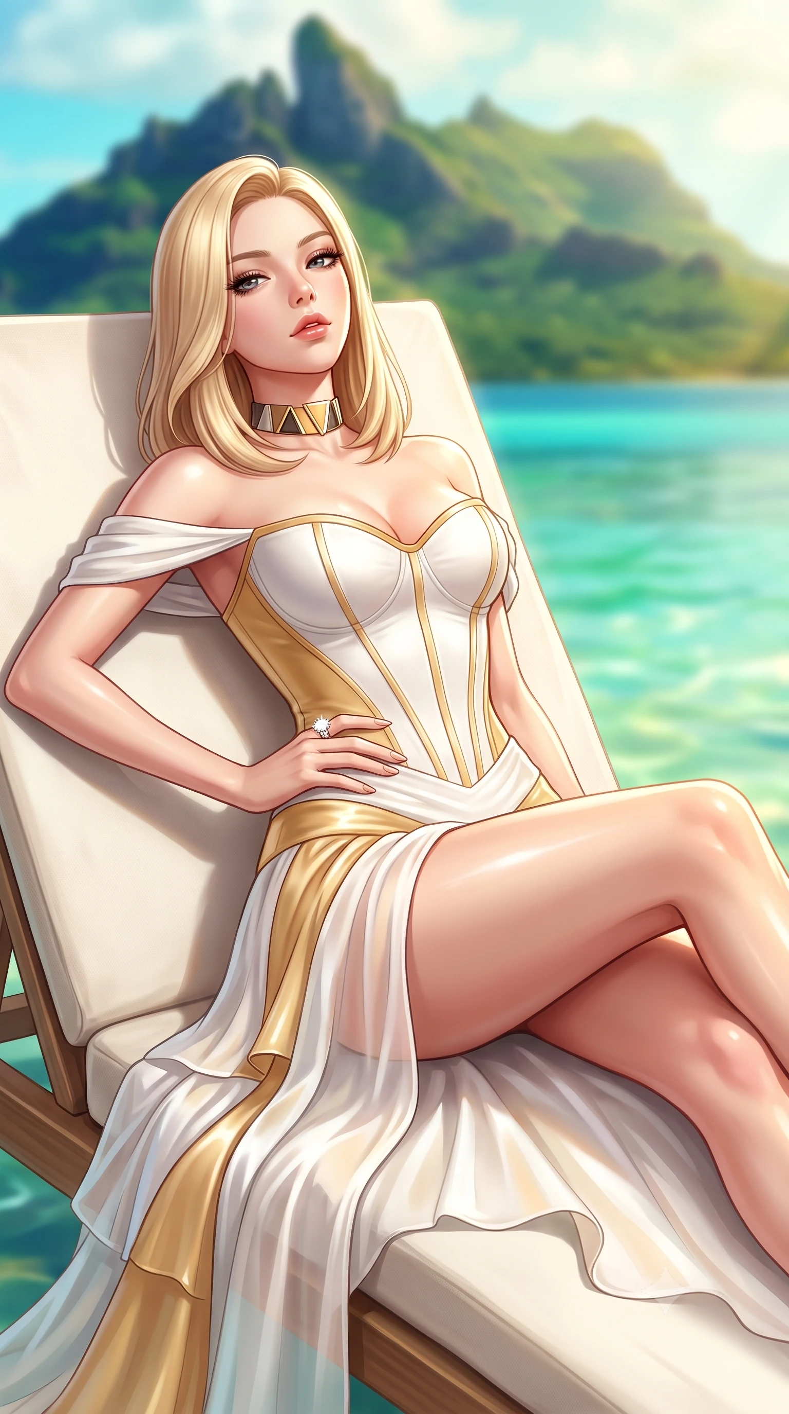 score_9, masterpiece, best quality, ultra-detailed, high-budget anime keyframe, semi-realistic 3D game render, editorial fashion photography, tasteful artistic composition, Korean woman. close-up cowboy shot from the waist and thighs up, the character dominates the composition, filling the frame with her large presence. tilting her chin up with proud, sovereign allure while gazing through thick eyelashes, one hand resting on her waist in pure supermodel charisma while reclining across an ivory canvas daybed propped on one elbow, her curvy hips and long slender legs bathed in radiant South Pacific sun. The composition keeps background elements in soft focus with creamy bokeh. dramatic volcanic jagged spires of Mount Otemanu and multi-hued turquoise lagoon waters blurred into aquamarine, jade, and golden bokeh. She has an exceptionally elegant, slender, and willowy female figure with an ultra-slim waist, flat toned midriff, narrow ribcage, and sculpted feminine hips creating an alluring, slim hourglass silhouette without bulk. sharp v-shaped jawline, high-bridge nose, intricate jewel-like eyes with depth, thick eyelashes, glossy parted lips with a natural sheen, intensely captivating and seductive bedroom-eyes expression, flawlessly proportioned anatomical accuracy, strict slender model proportions, natural body alignment, perfectly sculpted long slender limbs, ultra-slim waistline, clean dynamic posture without body distortion. wearing an off-shoulder French court corset bodice dress paired with a tiered translucent chiffon slit skirt in pure alabaster white and sun-kissed gold, formed from supple second-skin lambskin leather with specular sheen, complemented by a bold geometric choker and sparkling cocktail ring, the second-skin form-contouring cut accentuating her sculpted flat midriff, narrow delicate ribcage, and gracefully curvy hips with supermodel precision. illuminated by intense specular sea reflections sharply carving her razor-sharp jawline, narrow waist, and curvy hips. highly saturated vibrant anime colors, detailed shading with soft gradients, rich glossy textures, high-contrast stereoscopic depth, volumetric dynamic lighting, master piece, 9:16 ratio