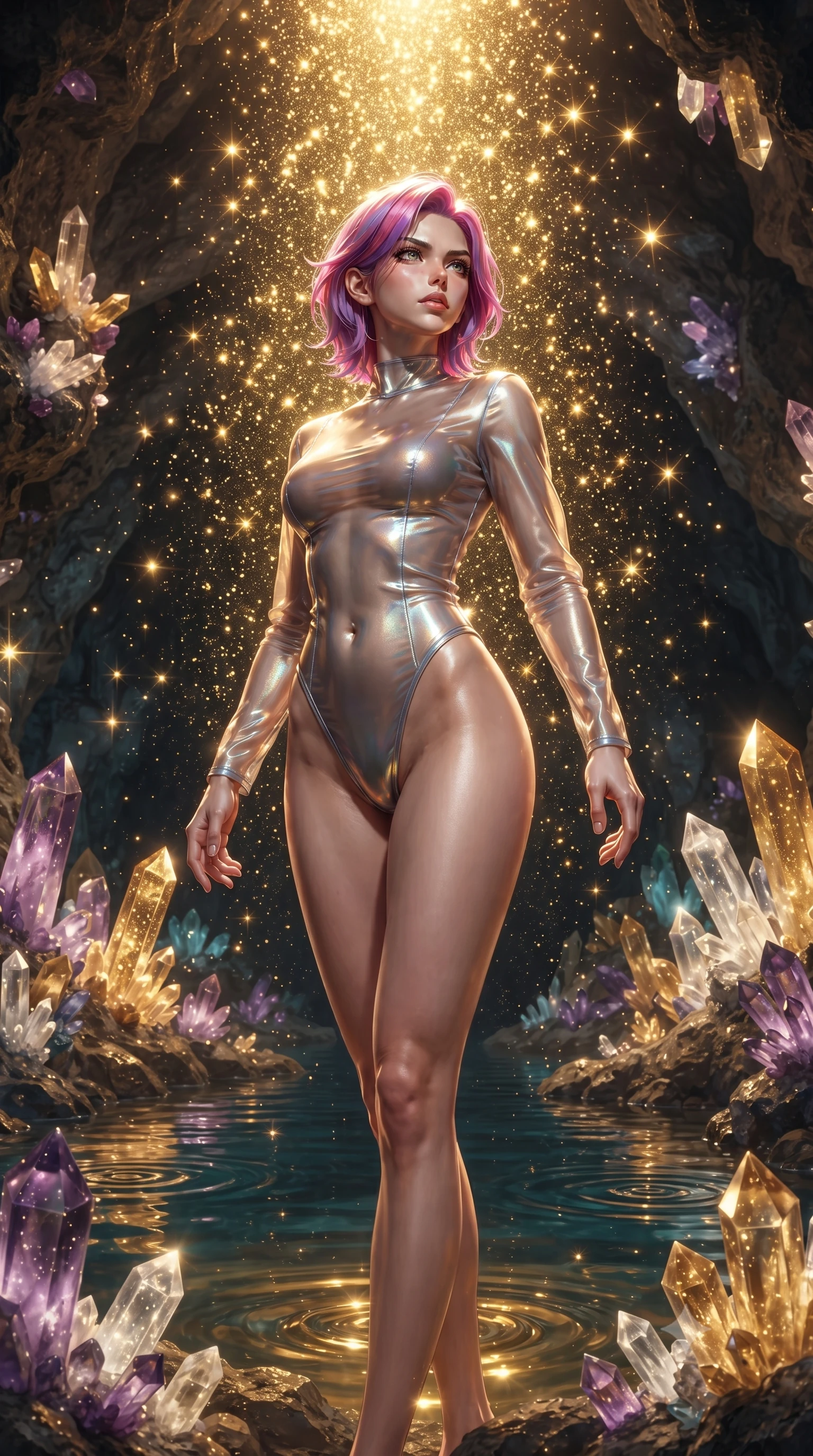 score_9, masterpiece, best quality, ultra-detailed, High-budget Anime Keyframe, editorial fashion photography, tasteful artistic composition, realistic cosplay photography, Caucasian woman, strictly human ears. Low angle cowboy shot filling the entire 9:16 frame with her statuesque presence. Scenario 339: showering under a cascade of glittering gold stardust inside an underground cave lined with glowing quartz crystals and deep pools. Her presence is magnetic and overpowering in this high-budget cinematic scene. Outfit 339: a tailored sheer organza dangerous with a high-cut leg line and tight-fitting silhouette. The clothing is designed to emphasize her exceptionally tall and slender 8-heads proportion. 8-heads proportion, towering silhouette, ultra-slim waist. sharp v-shaped jawline, intricate jewel-like eyes with depth, thick eyelashes, glossy lips. ultra-reflective glossy finish, specular highlights, metallic sheen, high-contrast stereoscopic depth, volumetric dynamic lighting, 2k, ultra detail, master piece, 9:16 ratio