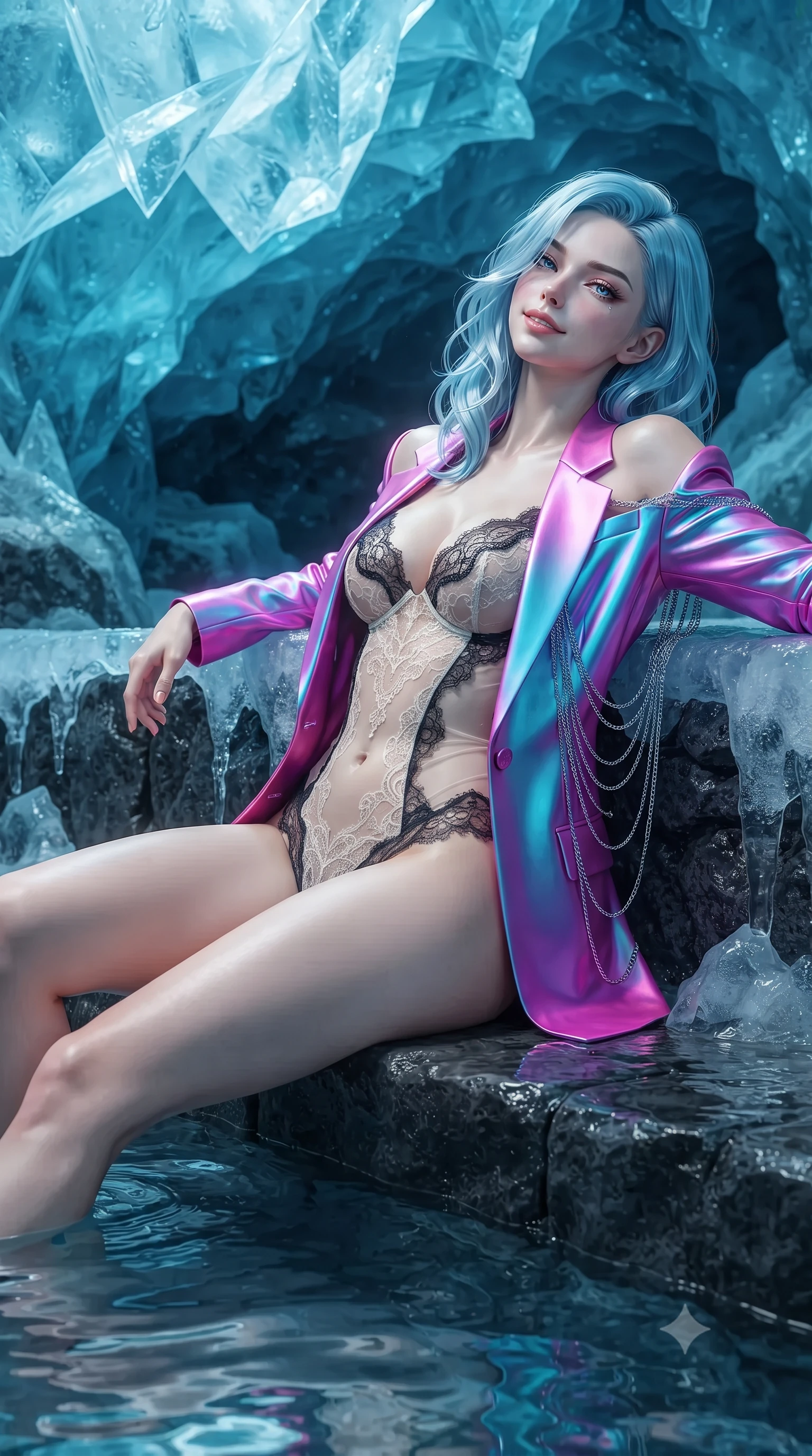 score_9, masterpiece, best quality, ultra-detailed, high-budget anime keyframe, editorial fashion photography, tasteful artistic composition, Korean woman. close-up cowboy shot from the waist and thighs up, the character dominates the composition, filling the frame with her large presence. leaning back against the balustrade with relaxed seductive grace, head tilted back slightly while casting a hypnotic, heavy-lidded gaze while reclining gracefully on the submerged heated stone shelf with legs extended, displaying her long slender limbs and statuesque hourglass silhouette against the frozen blue cavern. The surrounding environment is rendered in vivid detail and crisp panoramic clarity: sharp frozen ice crystal fractures, wet black basalt stone textures, and pristine thermal water ripples in deep focus. She has an exceptionally elegant, slender, and willowy female figure with an ultra-slim waist, flat toned midriff, narrow ribcage, and sculpted feminine hips creating an alluring, slim hourglass silhouette without bulk. sharp v-shaped jawline, high-bridge nose, intricate jewel-like sparkling eyes with depth, thick eyelashes, glossy parted lips with a natural peach sheen, bright cheerful beaming smile with an enchanting and coquettish sensual glint, exuding both youthful cute charm and seductive allure, flawlessly proportioned anatomical accuracy, strict slender model proportions, natural body alignment, perfectly sculpted long slender limbs, ultra-slim waistline, clean dynamic posture without body distortion. wearing a delicate sheer French Chantilly lace teddy layered under an open tailored metallic blazer draped over bare shoulders in Neo-Tokyo neon magenta and electric cyan, made of fluid liquid jersey with seamless sculpting hold and smooth contours, accented with an open-back drape framed by falling strands of delicate chrome chains, the liquid-tight tailored fabric clinging flawlessly to her narrow waist and rounded feminine hips, emphasizing every millimeter of her sculpted slim hourglass curves without any bulky heaviness. bathed in natural turquoise light filtering through dense glacial ice combined with soft warm 2700K underwater thermal LEDs. ultra-reflective glossy finish, specular highlights, rich textural contrasts, high-contrast stereoscopic depth, volumetric dynamic lighting, 2k, ultra detail, master piece, 9:16 ratio