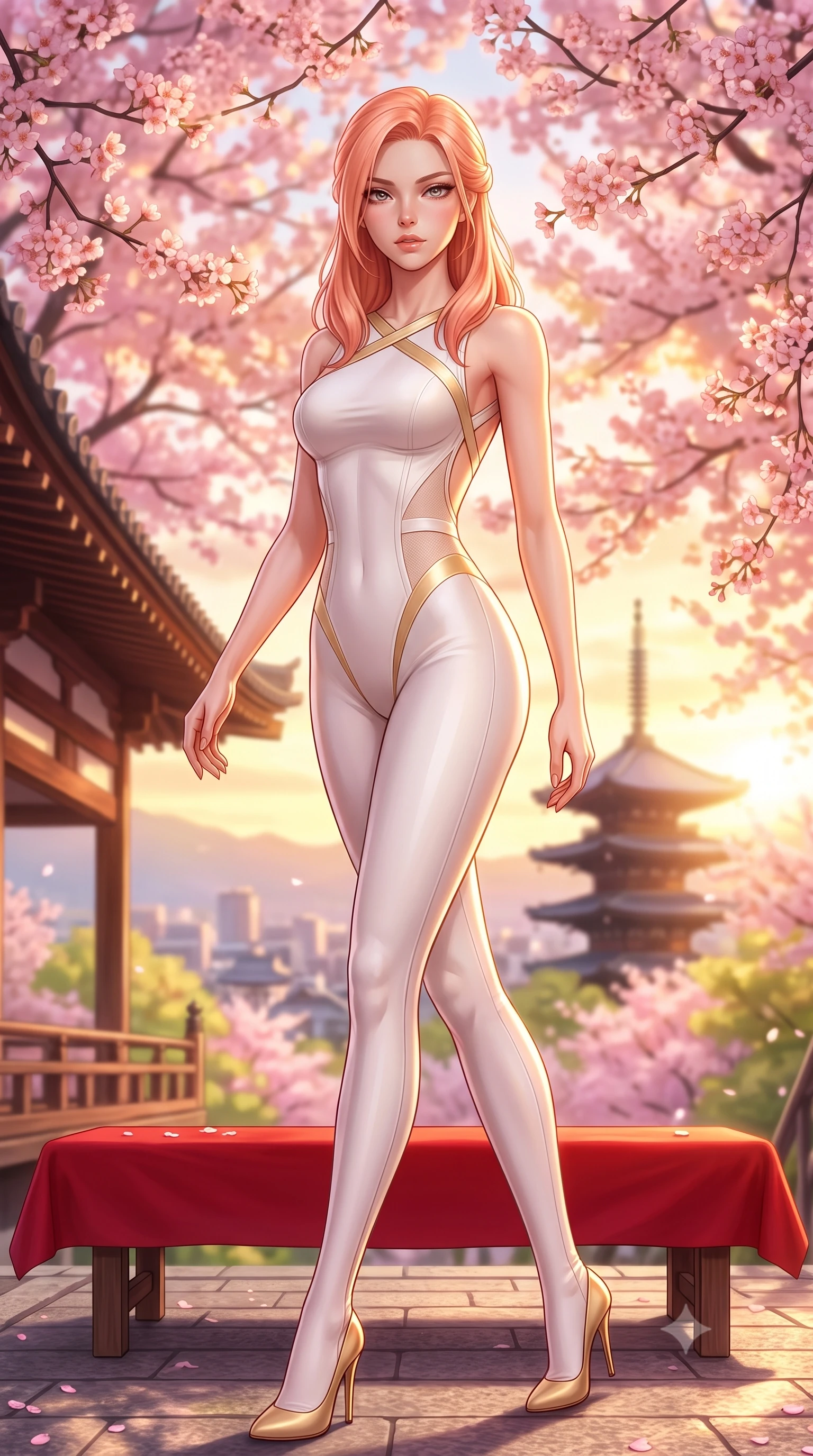 score_9, masterpiece, best quality, ultra-detailed, high-budget anime keyframe, semi-realistic 3D game render, editorial fashion photography, tasteful artistic composition, Japanese woman. low angle full-body shot from head to toe showing her feet, filling the entire 9:16 vertical frame with her statuesque presence, stretching her vertical silhouette. striding forward in a proud supermodel runway stride, hips swaying in an alluring kinetic rhythm that accentuates her curvy hourglass silhouette while reclining on a red felt bench beside the temple hall, her long slender legs and narrow waist highlighted against the distant Kyoto city skyline. The composition keeps background elements in soft focus with creamy bokeh. endless canopy of blooming pink sakura cherry blossoms and distant Kyoto pagoda spires blurred into soft rose-pink, gold, and spring-green bokeh. She has an exceptionally tall and slender model-like 8.5-heads proportion, an ultra-slim waist, a flat toned midriff, narrow delicate ribcage, and beautifully sculpted feminine hips creating a graceful, slim hourglass silhouette without any bulky heaviness, with impossibly long slender legs. sharp v-shaped jawline, high-bridge nose, intricate jewel-like eyes with depth, thick eyelashes, glossy parted lips with a natural sheen, intensely captivating and seductive bedroom-eyes expression, flawlessly proportioned anatomical accuracy, strict slender model proportions, natural body alignment, perfectly sculpted long slender limbs, ultra-slim waistline, clean dynamic posture without body distortion. wearing a second-skin compression catsuit with an open back and sheer mesh side waist contouring in pure alabaster white and sun-kissed gold, made of fluid silk crepe with delicate inner corsetry boning, finished with criss-cross back satin straps highlighting her graceful shoulder blades, the form-contouring material adhering flawlessly to her sculpted flat midriff and slender torso, emphasizing her long leg lines and perfectly proportioned willowy build. bathed in breathtaking golden hour sunset backlighting filtered through cherry blossom branches. highly saturated vibrant anime colors, detailed shading with soft gradients, rich glossy textures, high-contrast stereoscopic depth, volumetric dynamic lighting, master piece, 9:16 ratio