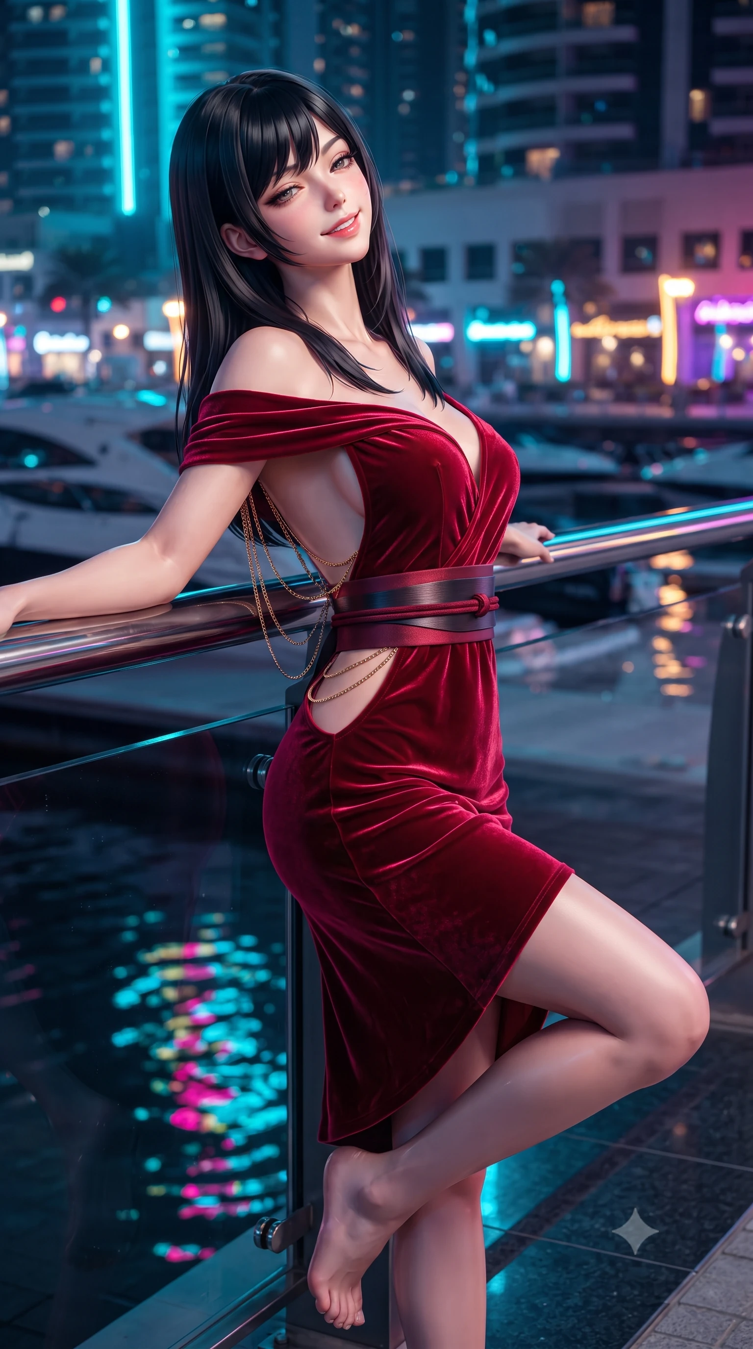 score_9, masterpiece, best quality, ultra-detailed, high-budget anime keyframe, editorial fashion photography, tasteful artistic composition, Caucasian woman. close-up cowboy shot from the waist and thighs up, the character dominates the composition, filling the frame with her large presence. leaning back against the balustrade with relaxed seductive grace, head tilted back slightly while casting a hypnotic, heavy-lidded gaze while leaning against the glass-and-steel promenade railing with one knee bent, neon reflections dancing across her narrow waist and hips. The surrounding environment is rendered in vivid detail and crisp panoramic clarity: sharp polished black granite pavement joints, stainless steel railing joints, and yacht hull gelcoat reflections in deep focus. She has an exceptionally elegant, slender, and willowy female figure with an ultra-slim waist, flat toned midriff, narrow ribcage, and sculpted feminine hips creating an alluring, slim hourglass silhouette without bulk. sharp v-shaped jawline, high-bridge nose, intricate jewel-like sparkling eyes with depth, thick eyelashes, glossy parted lips with a natural peach sheen, bright cheerful beaming smile with an enchanting and coquettish sensual glint, exuding both youthful cute charm and seductive allure, flawlessly proportioned anatomical accuracy, strict slender model proportions, natural body alignment, perfectly sculpted long slender limbs, ultra-slim waistline, clean dynamic posture without body distortion. wearing a backless Japanese silk robe-inspired cocktail dress slipping gracefully off bare shoulders with a cinched obi belt in rich ruby crimson and dark brushed titanium, tailored from ultra-plush silk velvet with rich tactile depth and deep shadow gradients, accented with an open-back drape framed by falling strands of delicate gold chains, the precision-cut side openings and low-back scoop framing her graceful spine and the sensual sweep of her slim, toned hips. bathed in intense saturated cyan, magenta, and gold neon architectural facade lighting reflecting in dark marina water. ultra-reflective glossy finish, specular highlights, rich textural contrasts, high-contrast stereoscopic depth, volumetric dynamic lighting, 2k, ultra detail, master piece, 9:16 ratio