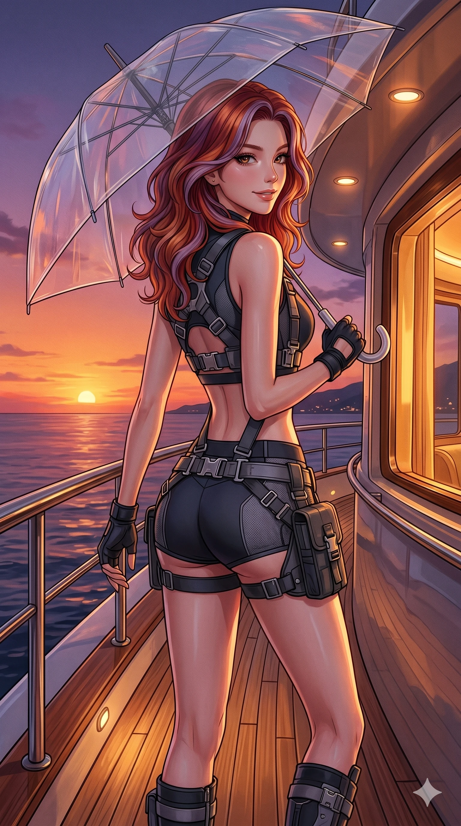 score_9, masterpiece, best quality, ultra-detailed, high-budget anime keyframe, editorial fashion photography, tasteful artistic composition, Caucasian woman, strictly human ears. cowboy shot from the thighs up, character and outfit filling the frame for maximum editorial presence. holding a transparent umbrella, looking over her shoulder with a teasing smile on a private yacht deck at sunset with a warm resort breeze (Code-P19-133). She has an absolutely perfect 8-heads proportion, an exceptionally tall and slender female figure with impossibly long slender legs and an ultra-slim waist. V-shaped jawline, high-bridge nose, intricate jewel-like eyes with depth, thick eyelashes, glossy lips with a natural sheen. wearing a harness over a crop top and micro-shorts in technical neoprene. soft blue twilight glow mixed with warm window light, tracing her jawline and nose. 2k, ultra detail, master piece, 9:16 ratio